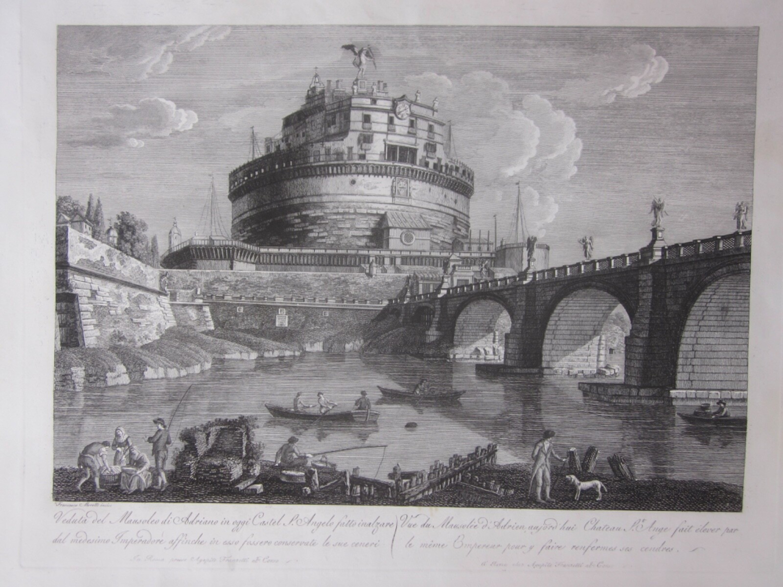1821 Castel Sant\'Angelo Large Original Etching Francesco Morelli Morel Rome