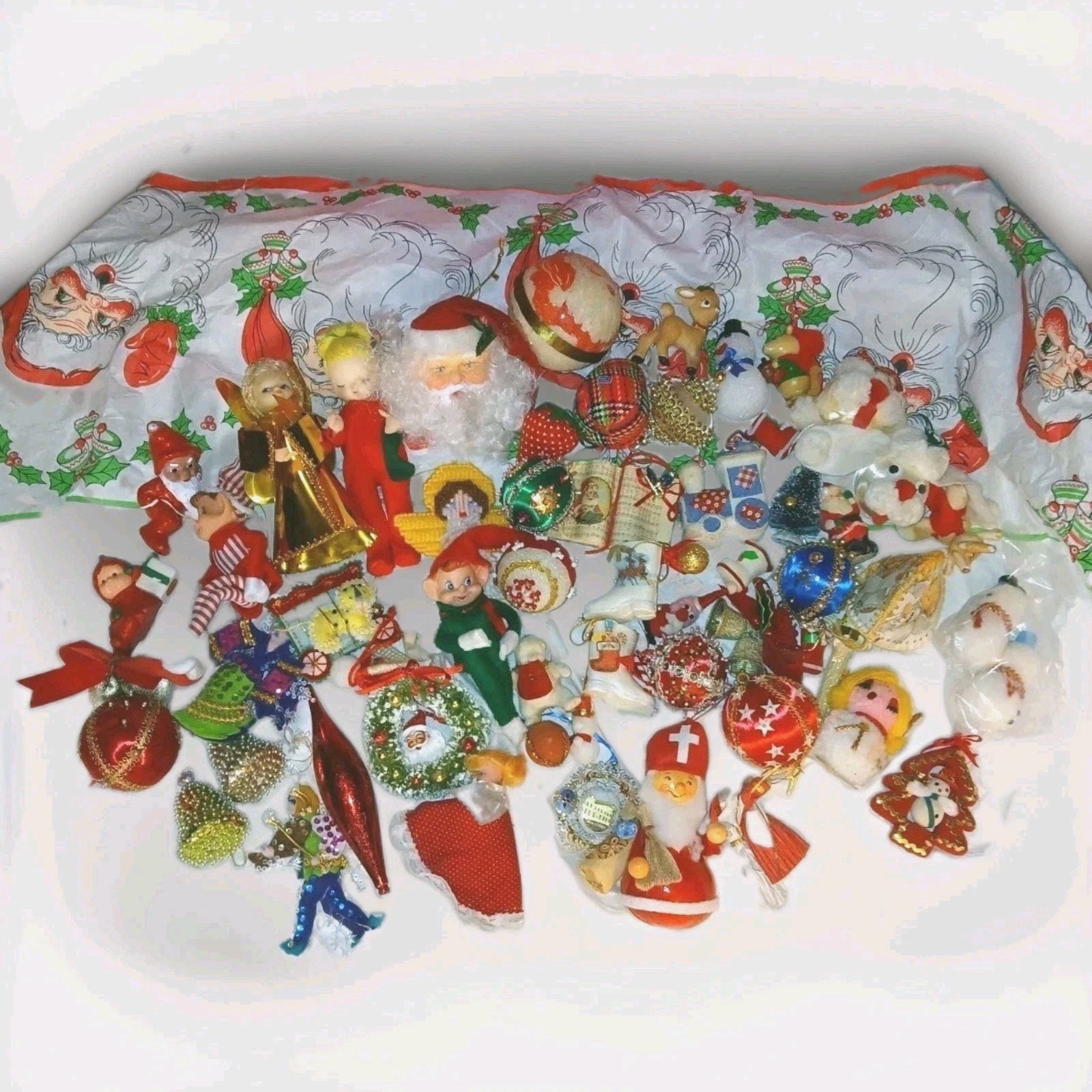 Vintage Christmas Lot 60 Pieces Pixie Kneehugger  Elf Flocked Celluloid Kitsch 