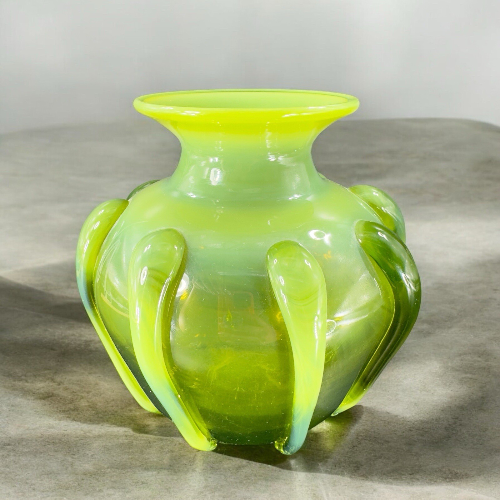 Antique Bohemian Hand Blown Green Opalescent Applied Glass Vase Vessel Vintage Antique Bohemian Hand Blown Green Opalescent Applied Glass Vase Vessel Vintage