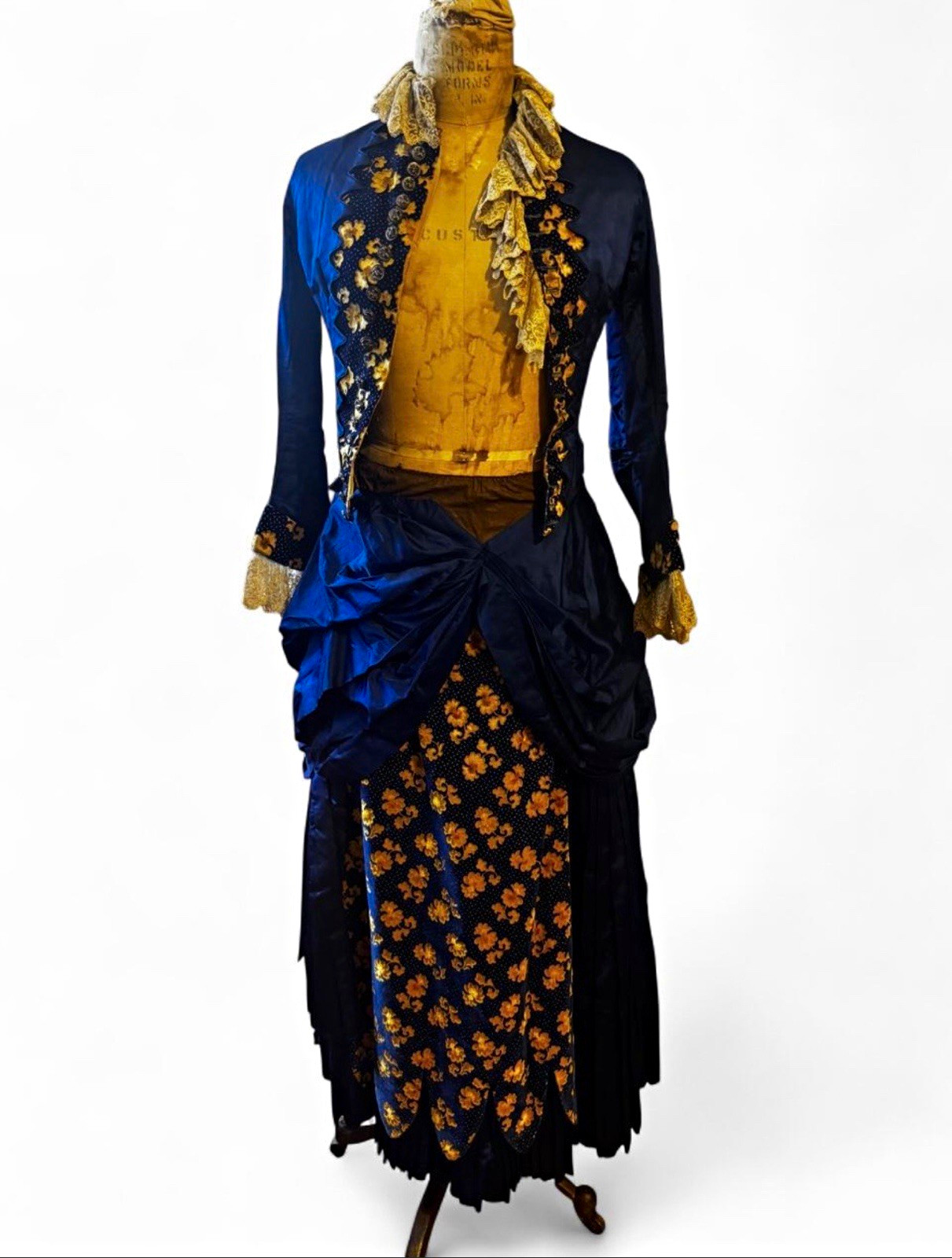 Antique Victorian 1880s–1890s Cobalt Blue Two-Piece Dress – Bodice & Skirt Lace