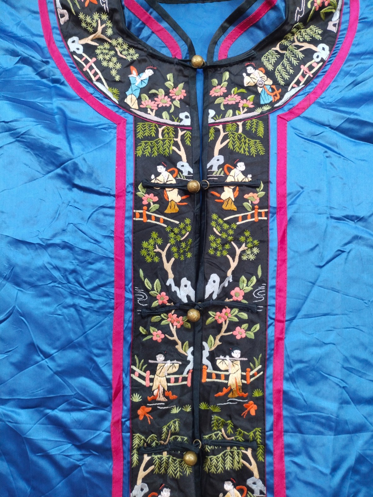 Vintage Chinese Silk Embroidered Robe Jacket Hand Needlework Blue  Vtg