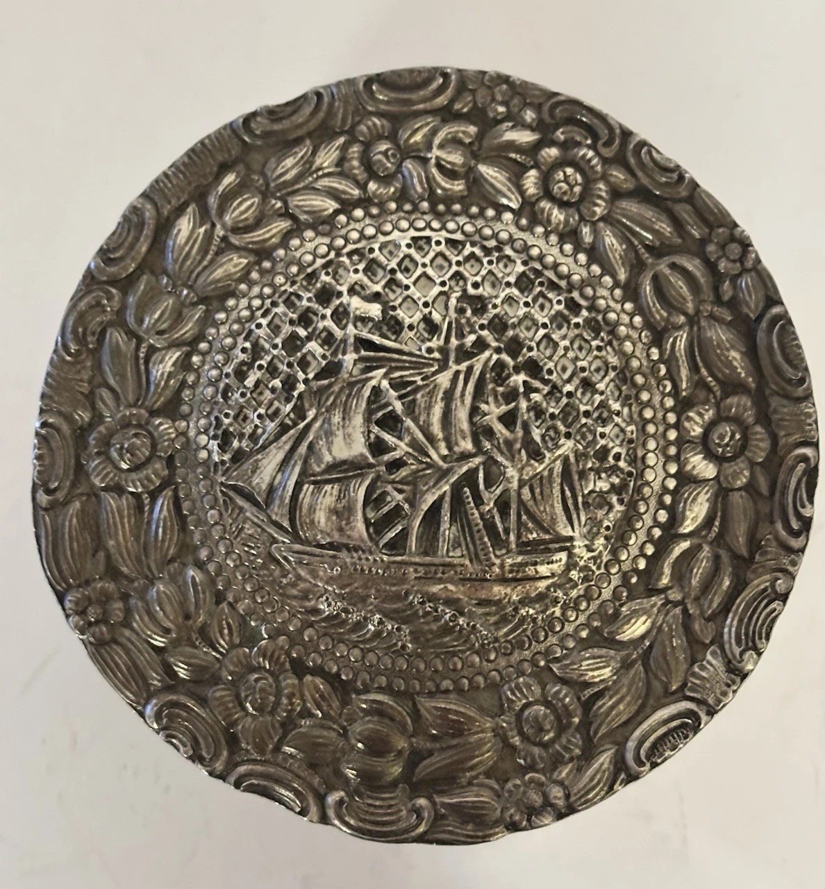 Antique Silver Plated c1890 Dutch Repousse Sailing Ship Pill Snuff Box Trinket