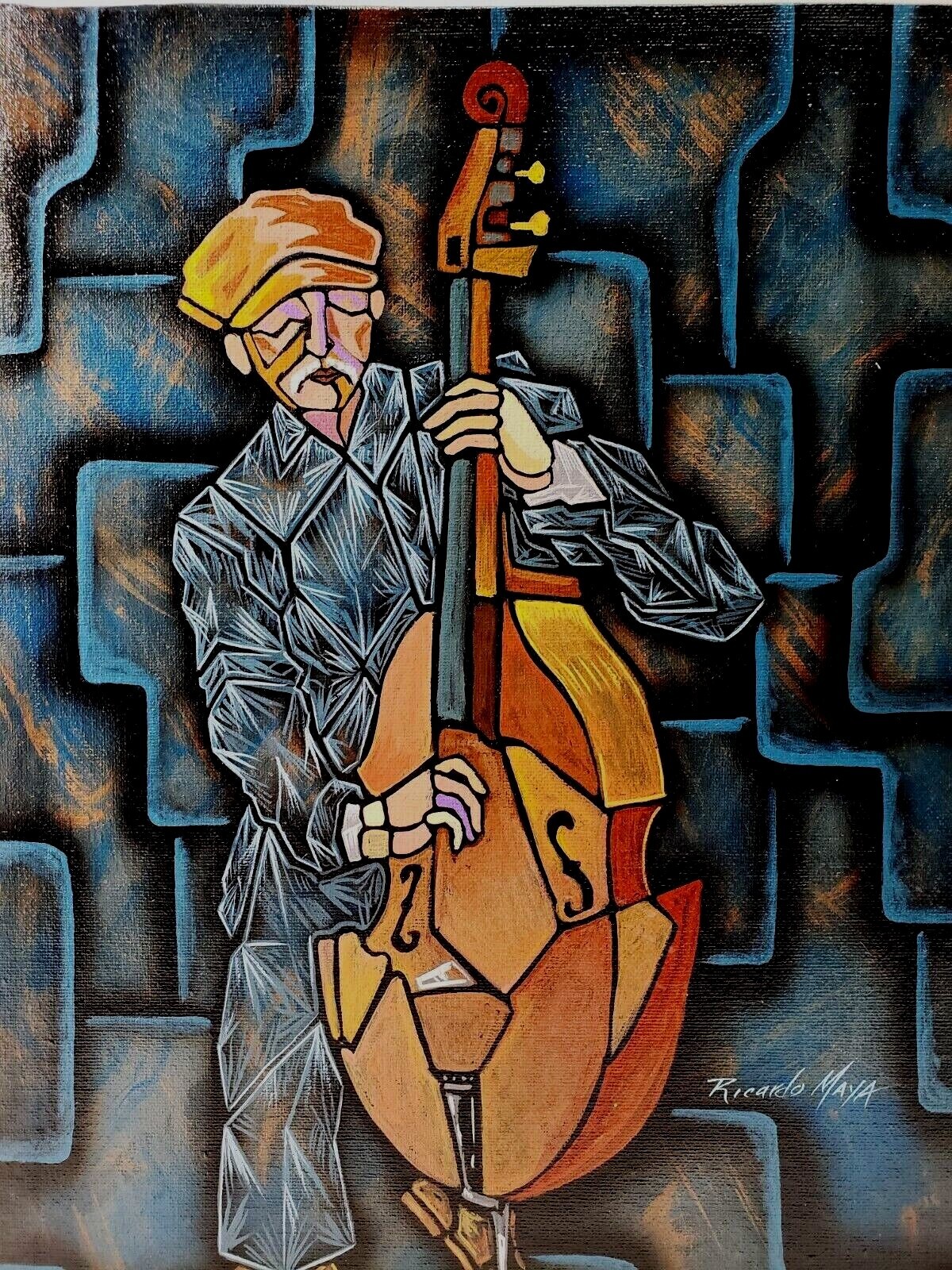 Ricardo Maya Acrylic Painting of Double Bassist Abstract Expressionist Moody
