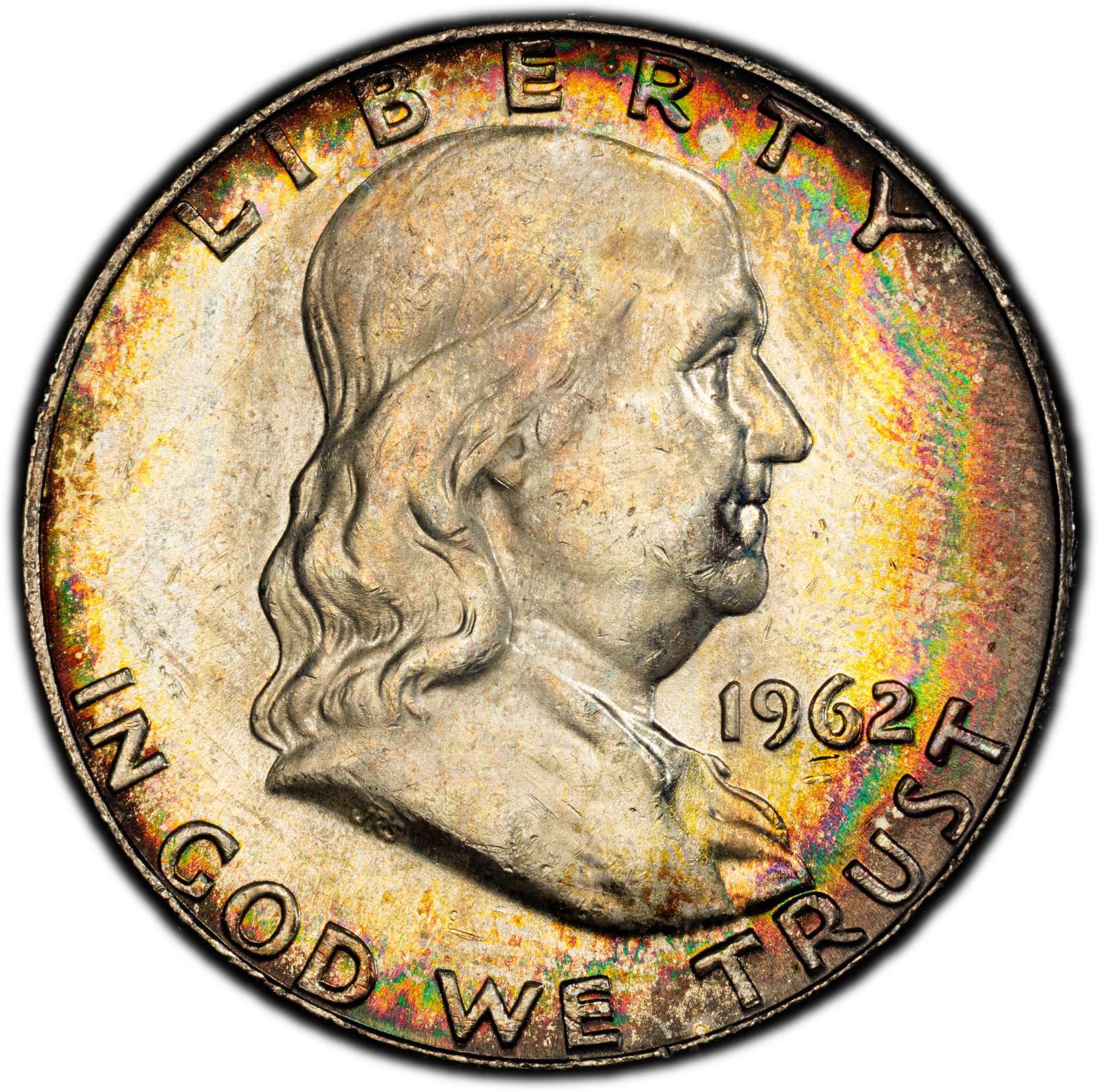 1962-D PCGS MS63 Franklin Half | Striking Rainbow Rim Toning | Vivid Colors