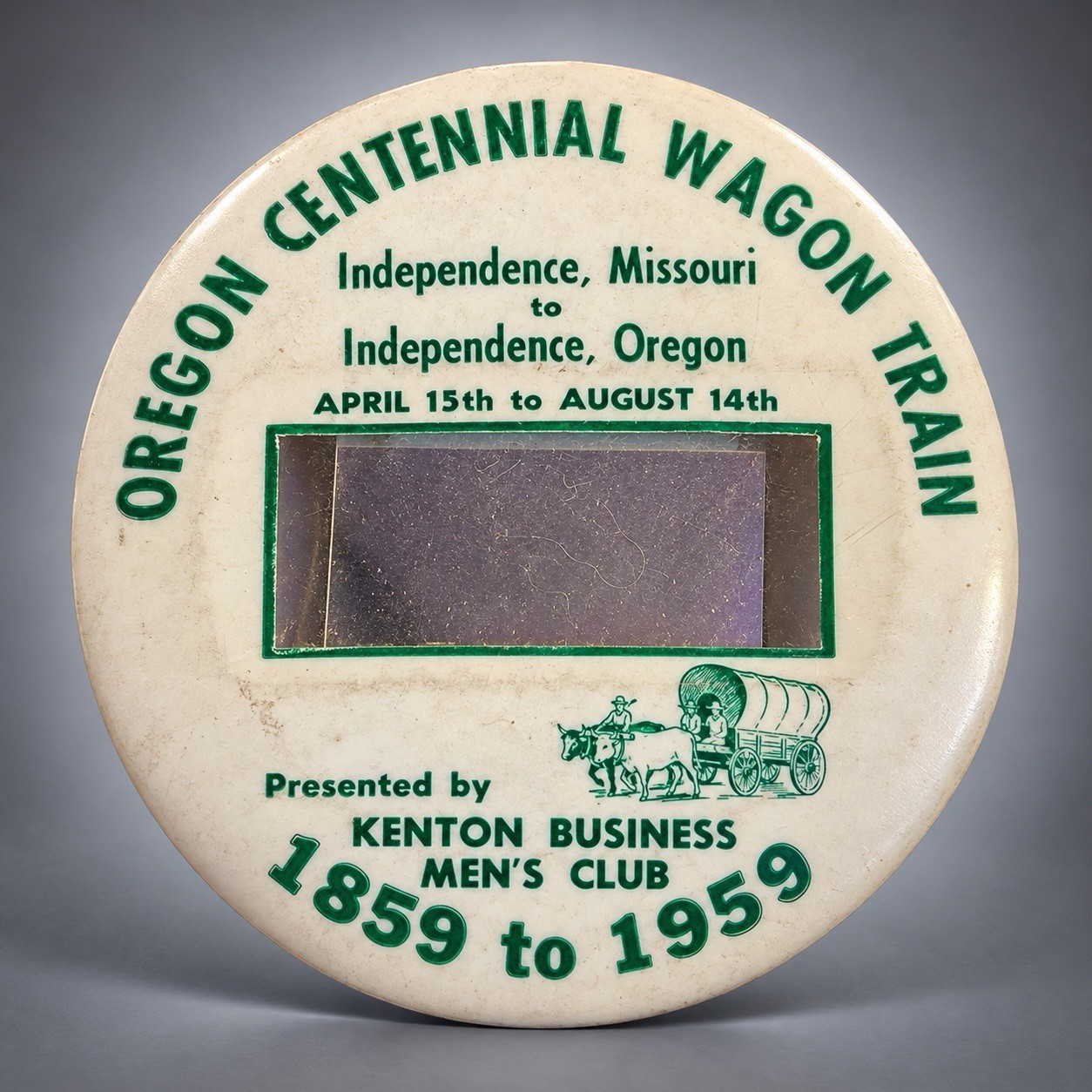 1959 Oregon Centennial Wagon Train Pinback Badge Kenton Business Men\'s Club