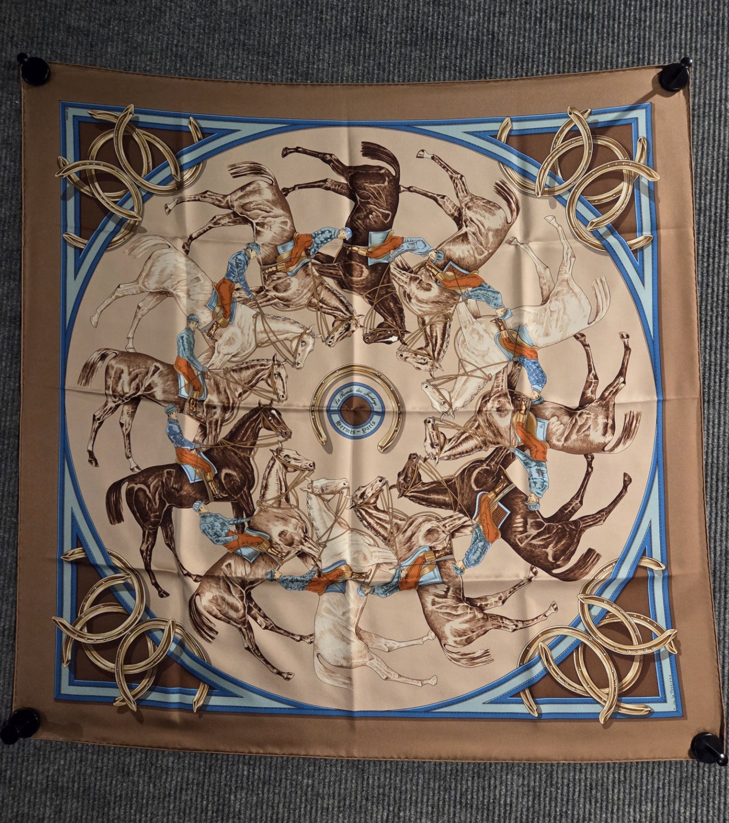Vtg Authentic HERMES Silk Scarf La Ronde des Jockeys Brown Blue Box France 90cm 