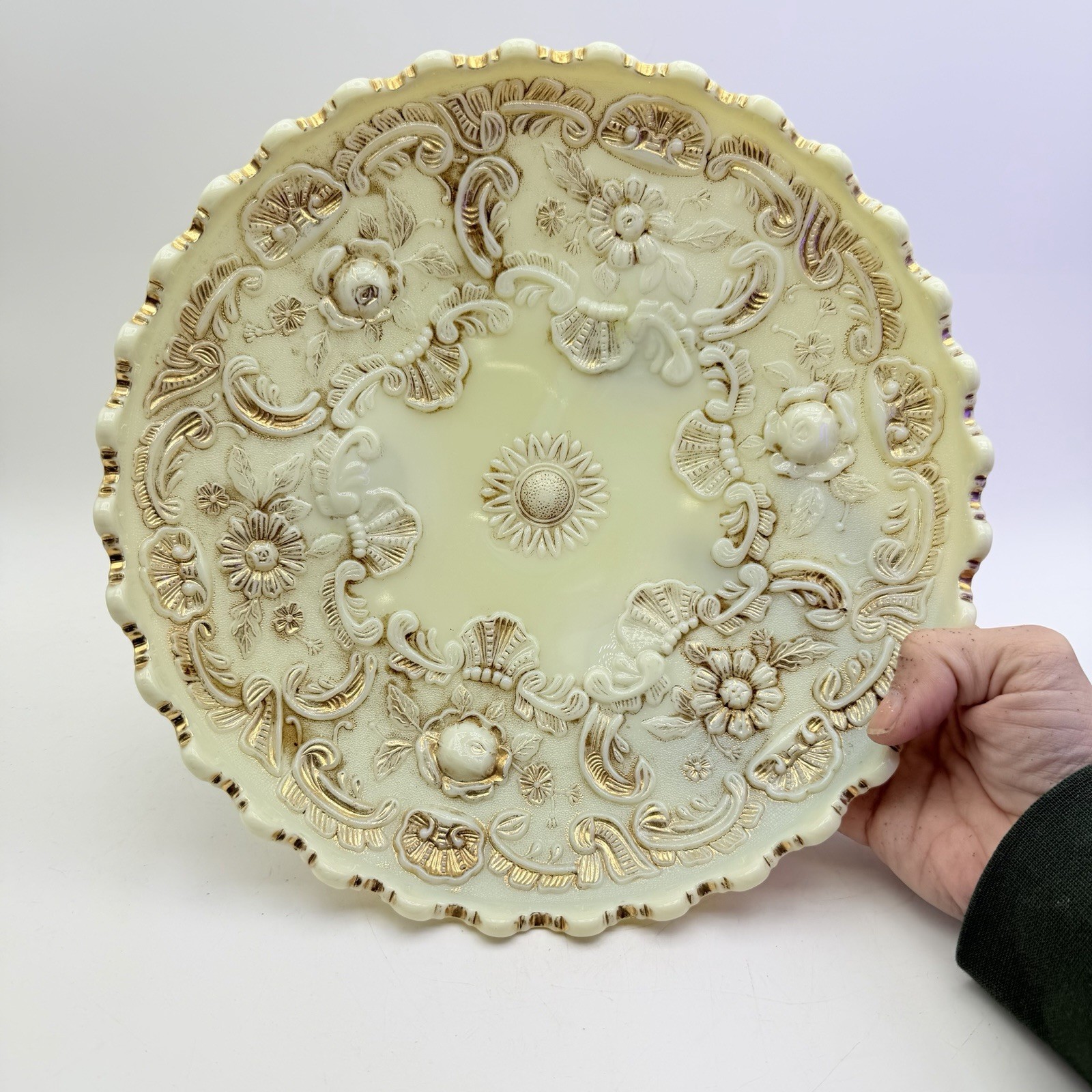 Antique Northwood Verre D’Or Custard Glass 10” Footed Bowl Comport Gold