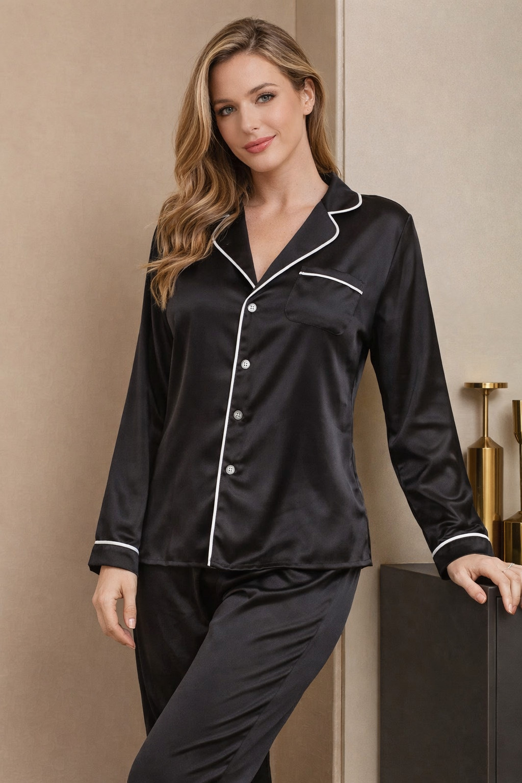 Sleep Luxe Women’s Luxury Satin Pajama Set – Silky Long Sleeve Button Down Sleep