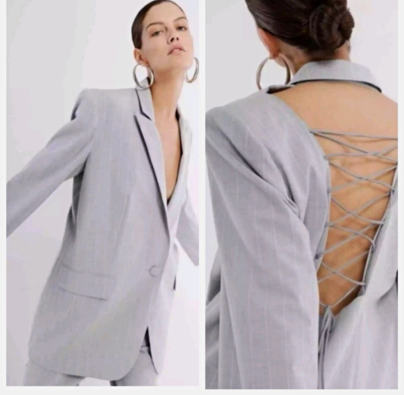BCBGMAXAZRIA Women’s Plaid Lace-Up Open Back Blazer Gray Button Mid-Length L