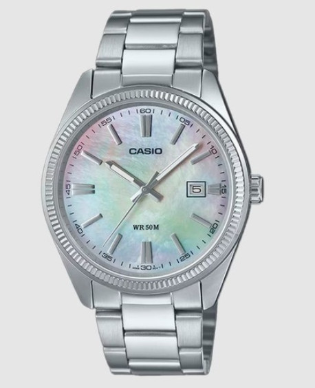 Casio MTP1302DS 7A Men Watch Mother of Pearl Dial Fluted Bezel Date Steel New