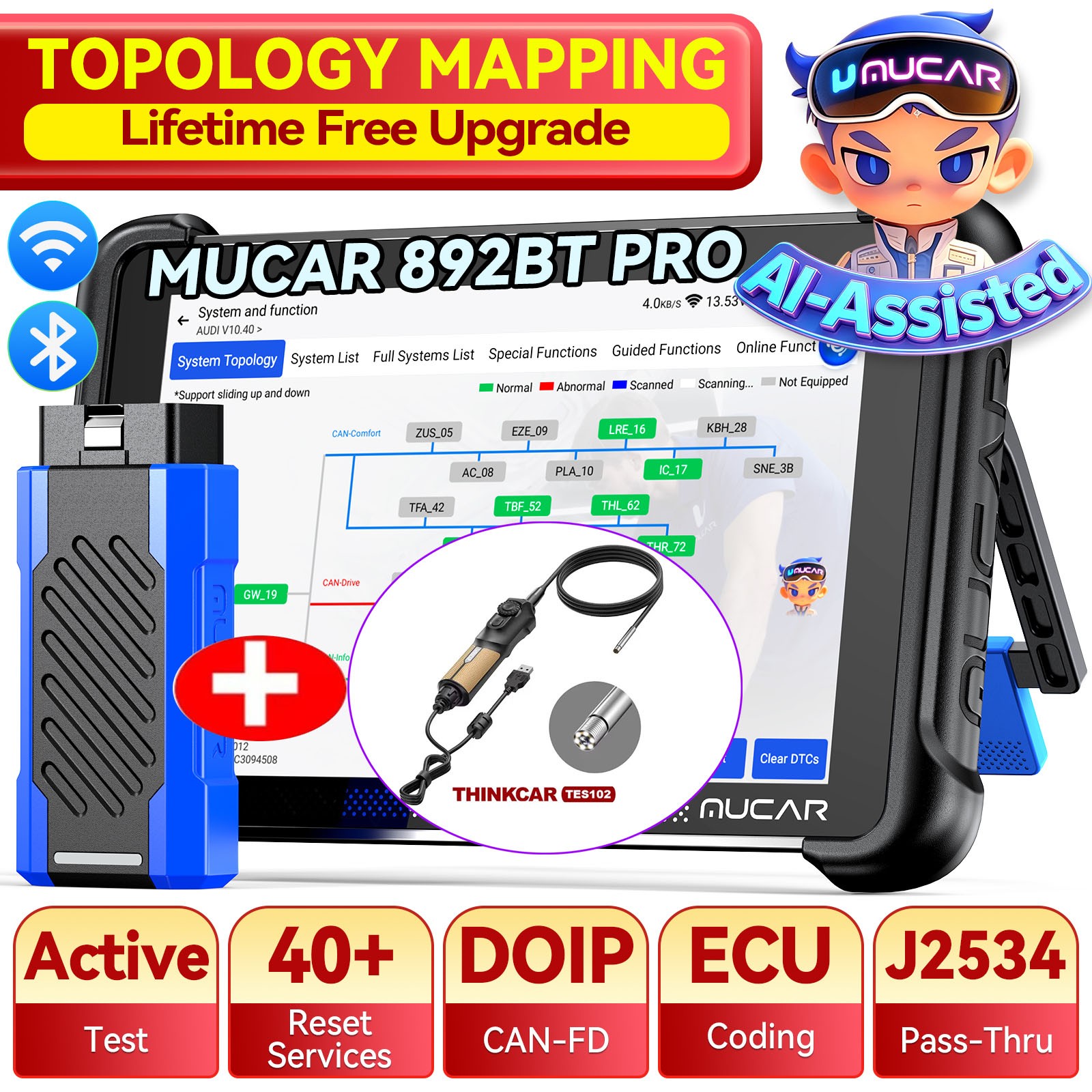 MUCAR 892BT PRO Topology J2534 Car OBD2 Scanner Bidirectional Endoscope Lifefree