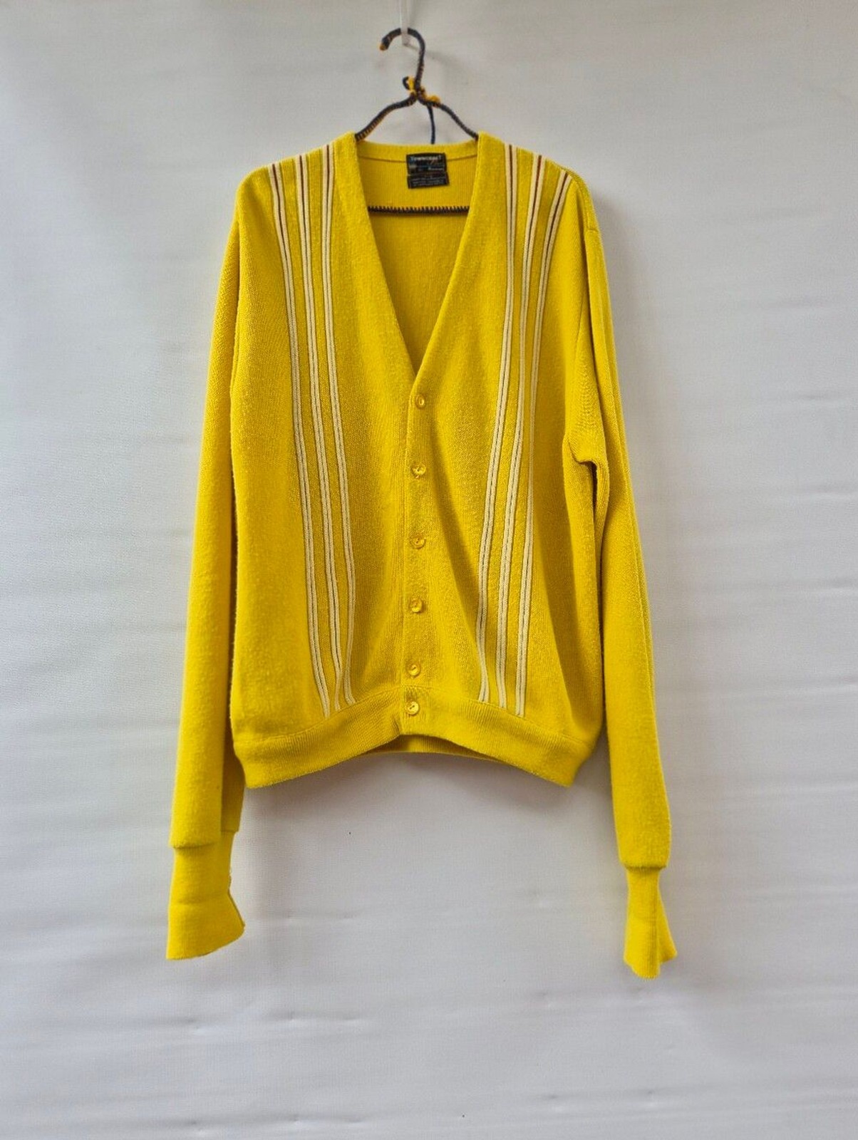 Vtg 60s Towncraft Plus Cardigan Sweater L Yellow Striped Mod Grunge Grandpa Core