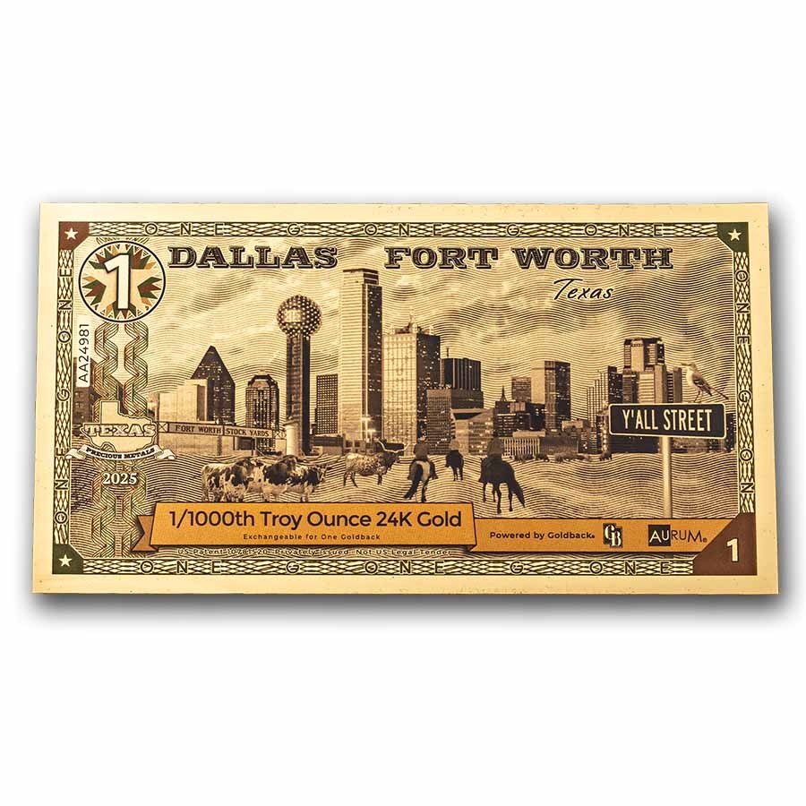 1 Dallas Fort Worth Texas Goldback Gold Note 24K 1 Dallas Fort Worth Texas Goldback Gold Note 24K
