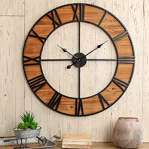 Glitzhome Oversized Wall Clock Farmhouse Wooden & Metal Home - B093CXZZ59
