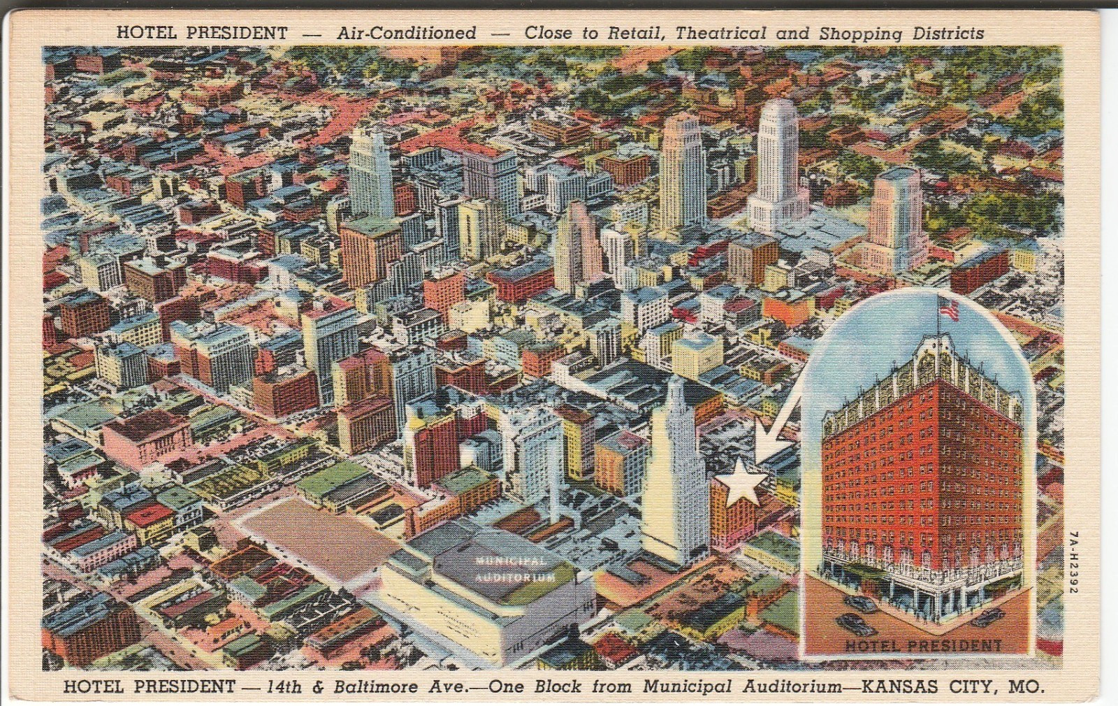 Kansas City MO postcard - Hotel President - aerial view - 1940s linen Kansas City MO postcard - Hotel President - aerial view - 1940s linen