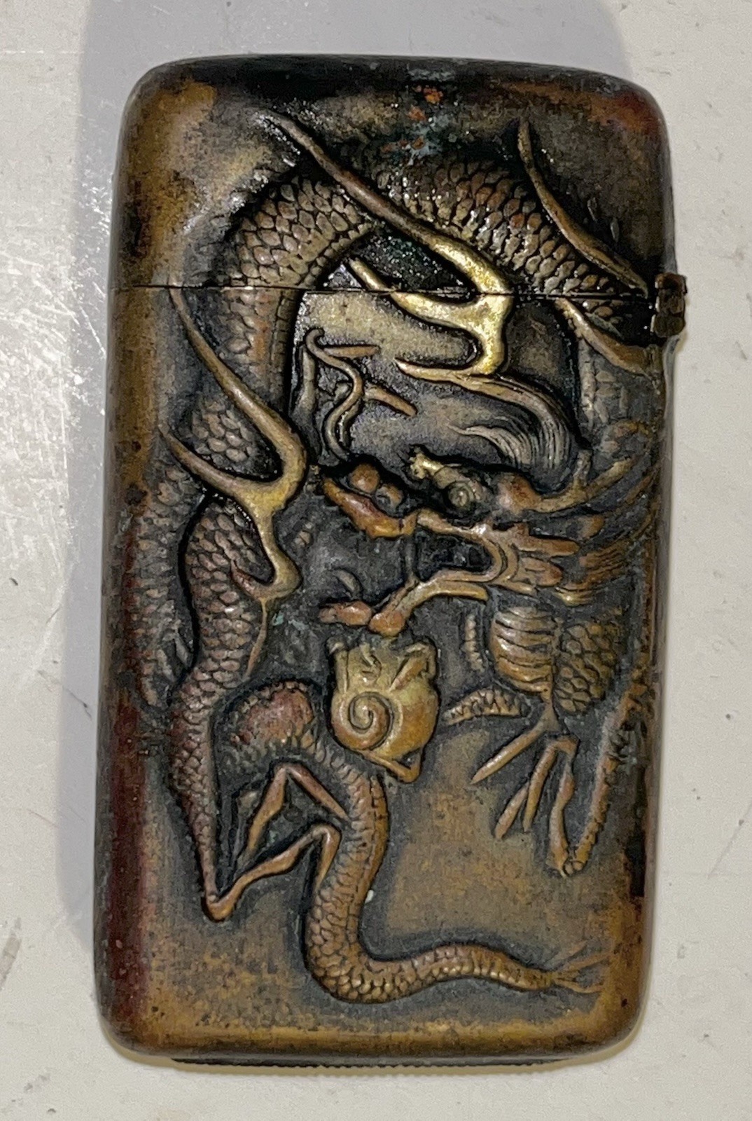Antique Japanese Dragon Bronze Brass Match Safe Pocket Vesta Antique Japanese Dragon Bronze Brass Match Safe Pocket Vesta