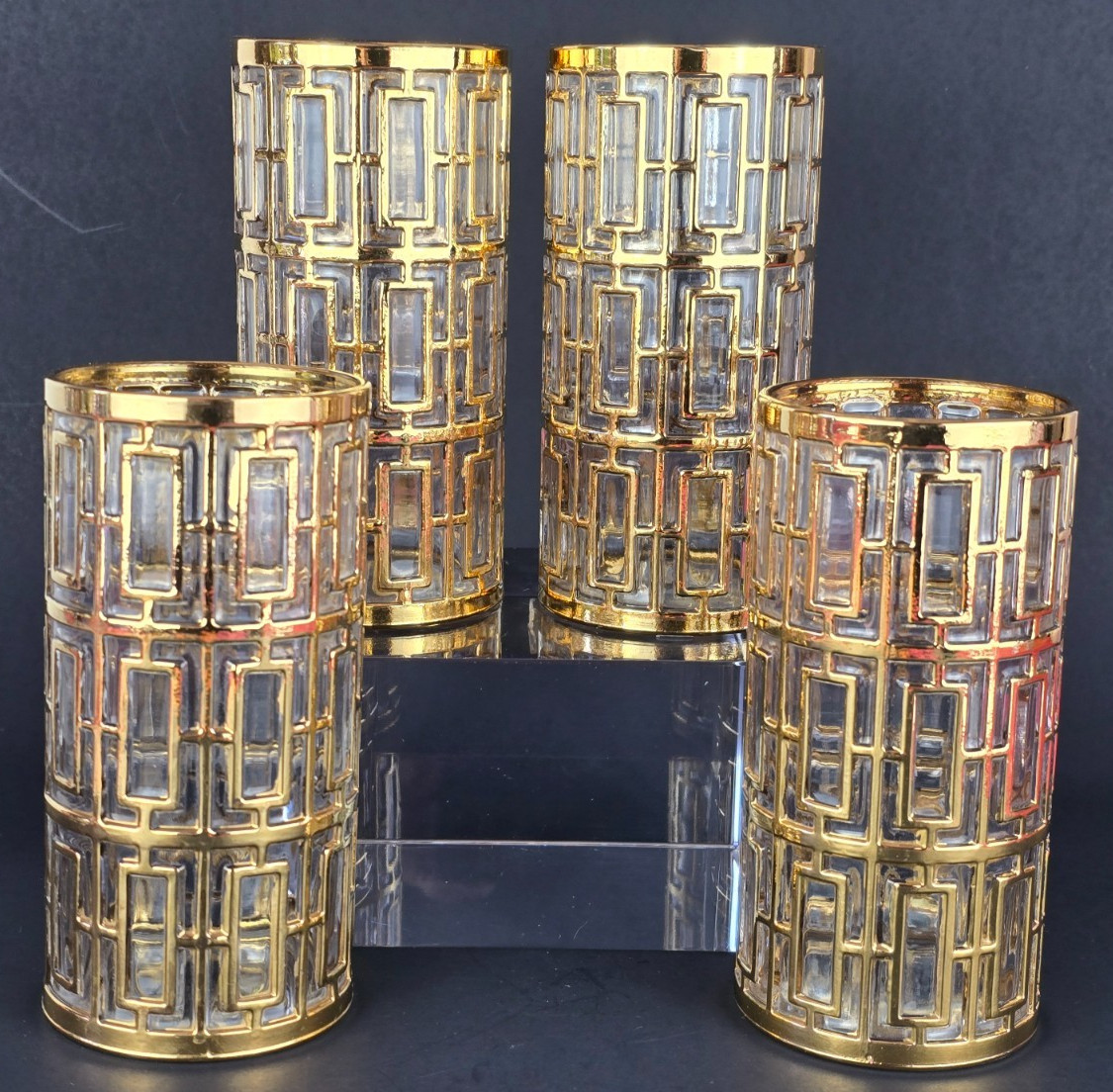 Set of 4 Imperial SHOJI TRELLIS Gold Palm Beach Regency Highball Tumbler Glasses Set of 4 Imperial SHOJI TRELLIS Gold Palm Beach Regency Highball Tumbler Glasses