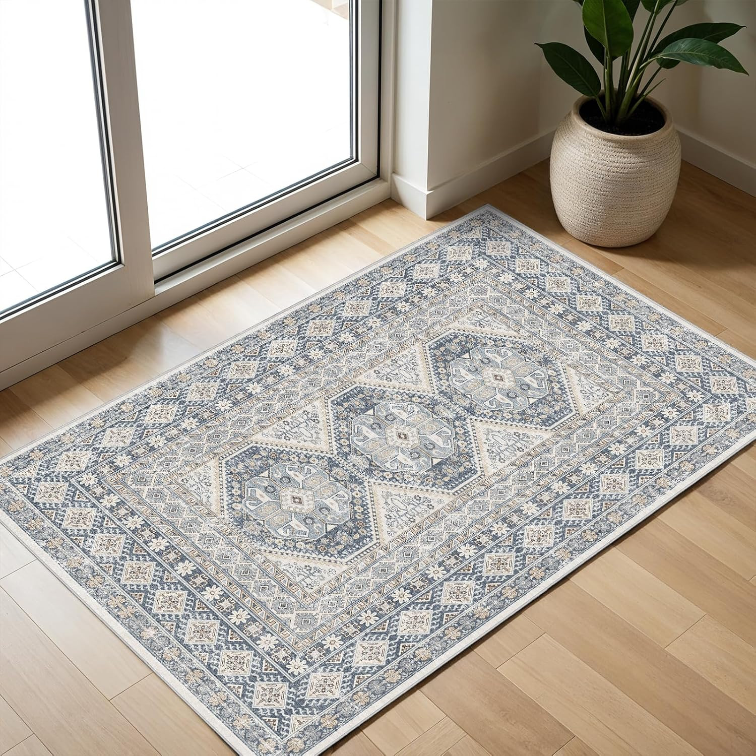 Washable Area Rug Non Slip - 2x3 Small Kitchen Boho Rug Vintage Entryway Low Pil