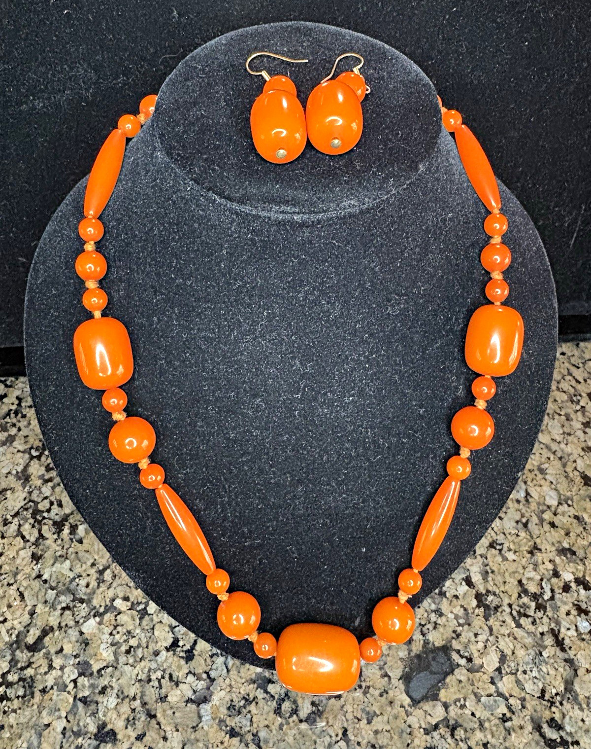 Vintage Orange Bakelite- Rare Graduated Bead Necklace & Earring Set