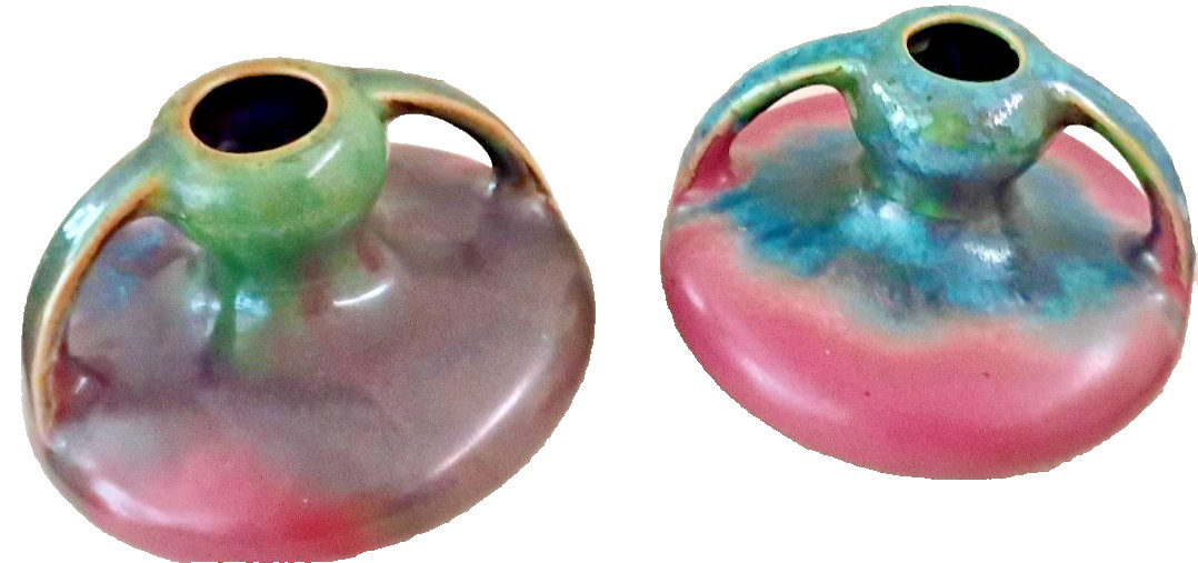 ANTIQUE c1920 FULPER ART POTTERY SQUAT CABINET VASE PAIR TWO HANDLED FLAMBE VTG ANTIQUE c1920 FULPER ART POTTERY SQUAT CABINET VASE PAIR TWO HANDLED FLAMBE VTG