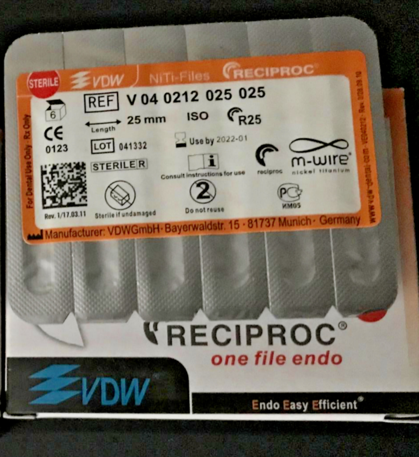 VDW RECIPROC File Endo M-WIRE 25mm R25 Lot 6pcs Lot 5 Packs VDW RECIPROC File Endo M-WIRE 25mm R25 Lot 6pcs Lot 5 Packs