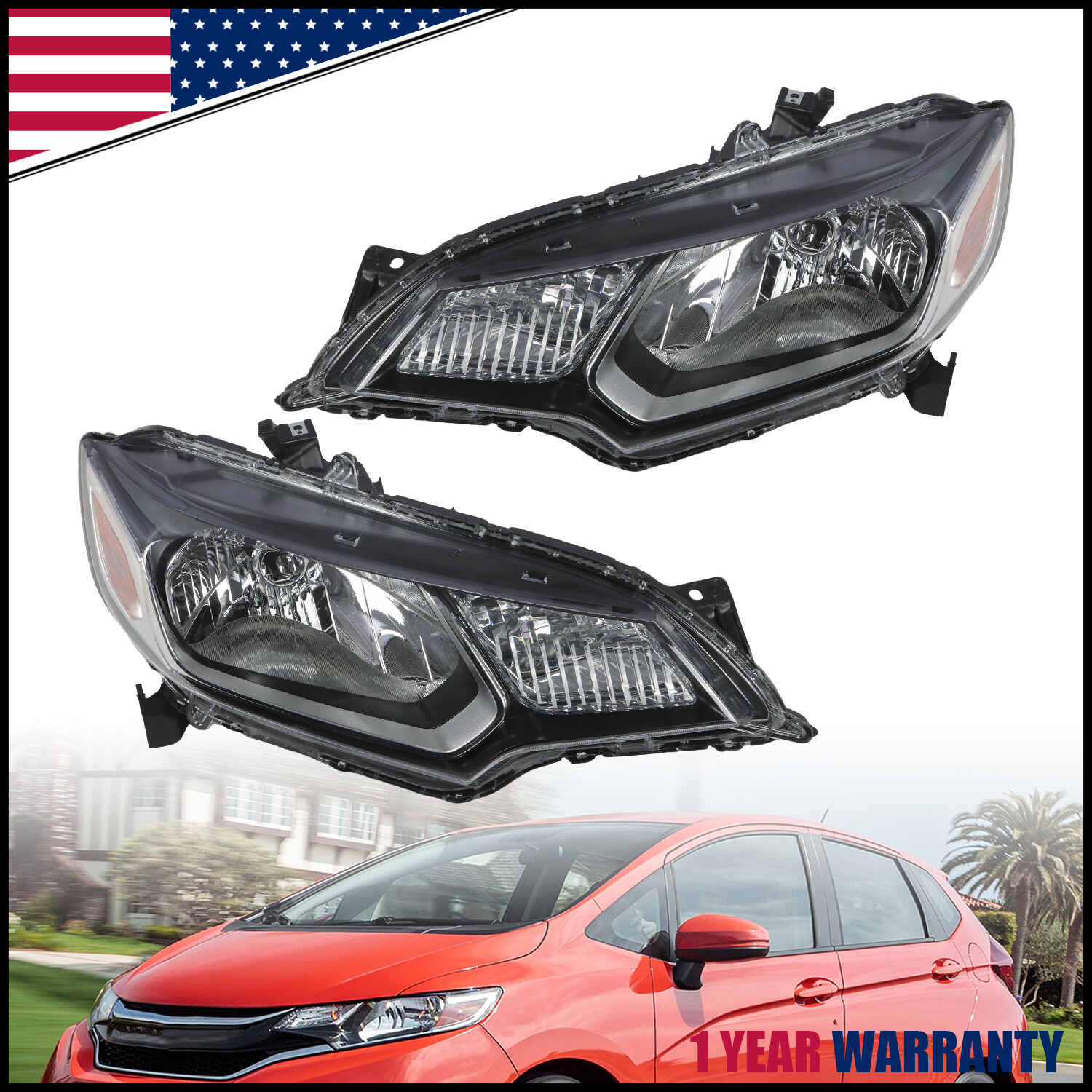 Front Headlights Headlamps For Honda Fit 2015-2017 Left + Right Side Clear Lens