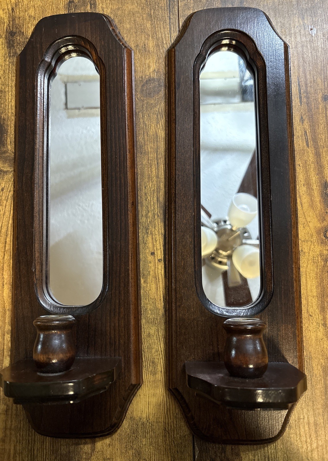 Pair of Vintage Mirror Candle Holder Wood Wall Sconces, Rustic Cottagecore Pair of Vintage Mirror Candle Holder Wood Wall Sconces, Rustic Cottagecore