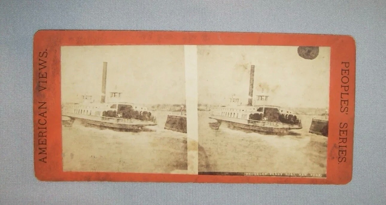 Old Antique Vtg Ca 1870s Brooklyn Ferry Boat NY Stereoview Photo Card