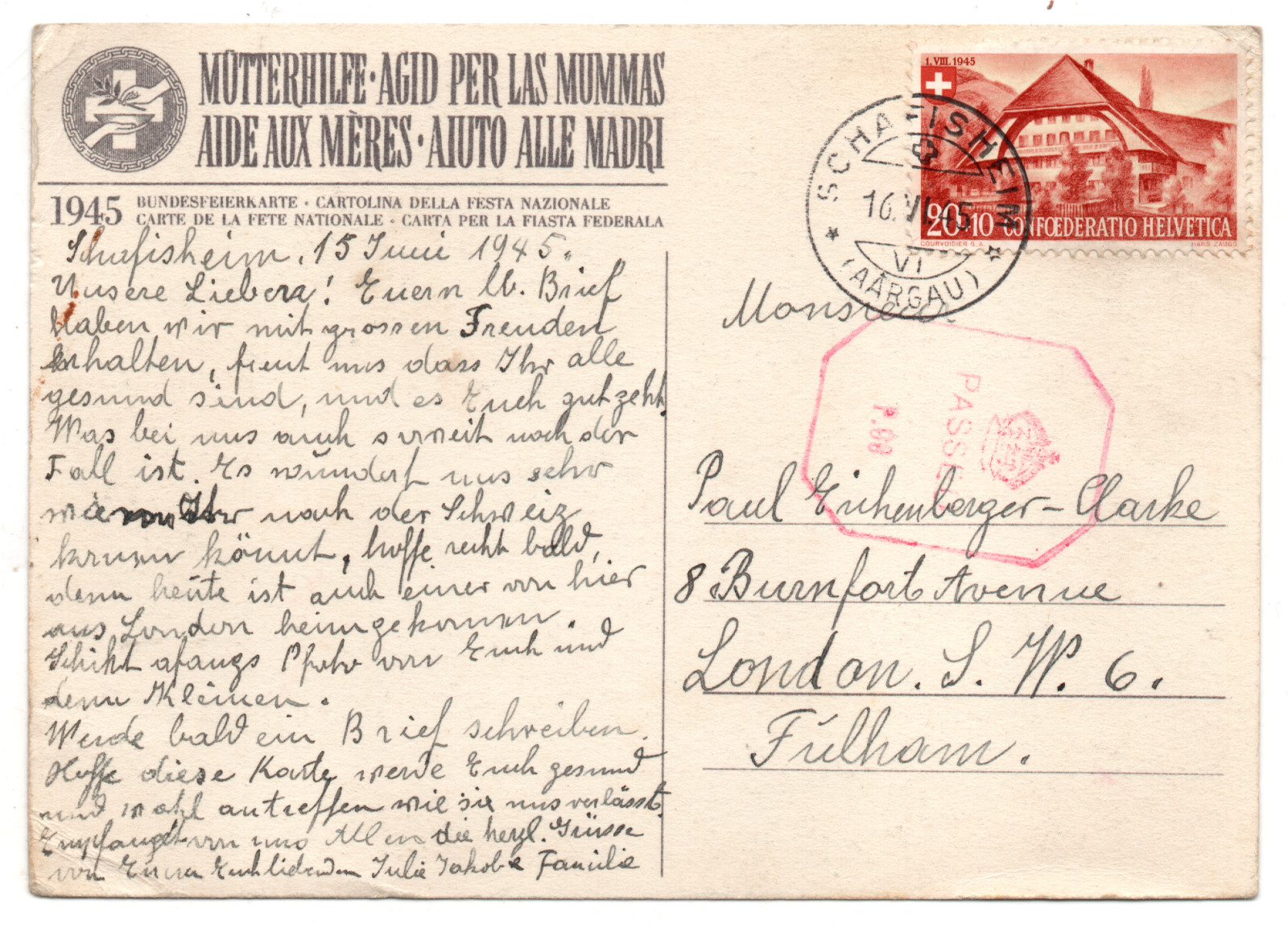 Switzerland 1945 WWII Censored Postcard to UK WS43575