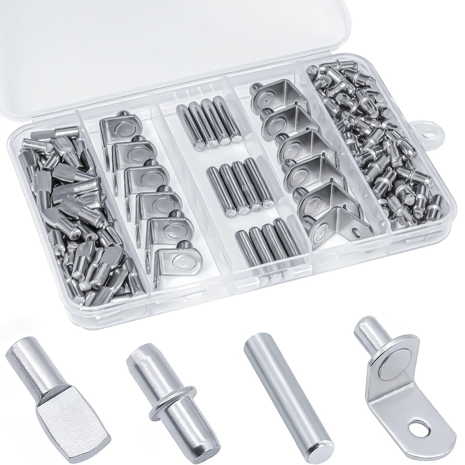 120Pcs Shelf Pins Kit,4 Styles Nickel Plated 5mm x 16mm, silvery 120Pcs Shelf Pins Kit,4 Styles Nickel Plated 5mm x 16mm, silvery