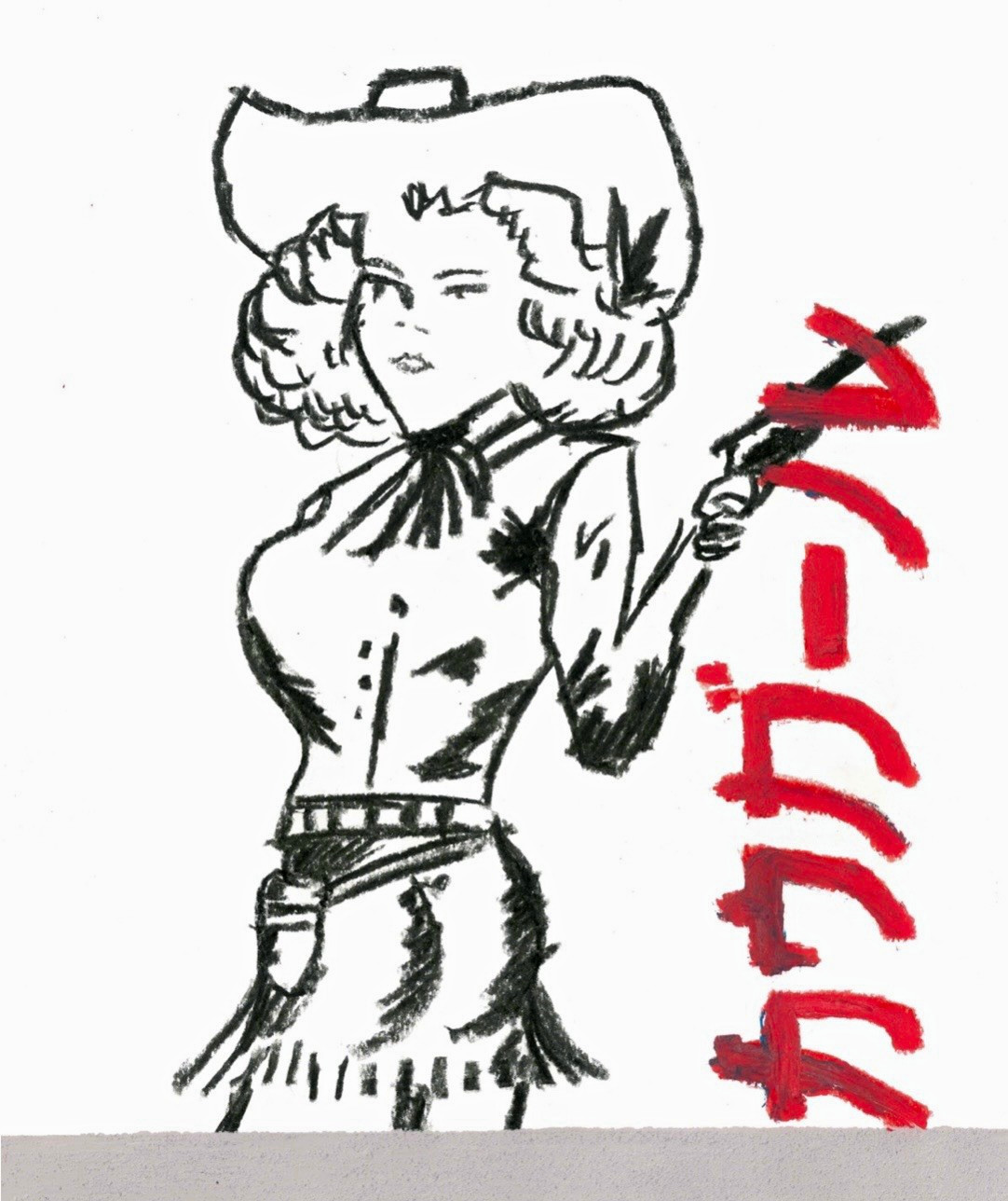 Original Framed Art Cowboy Character Mixed Media Painting with Japanese Text