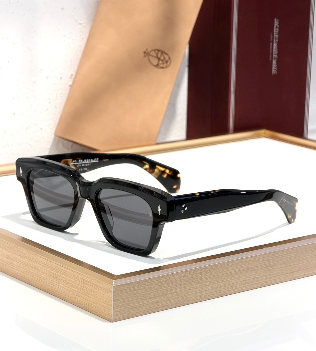 JACQUES MARIE MAGE FELLINI Black Gray Lens Square Sunglasses Tortoise Tips 