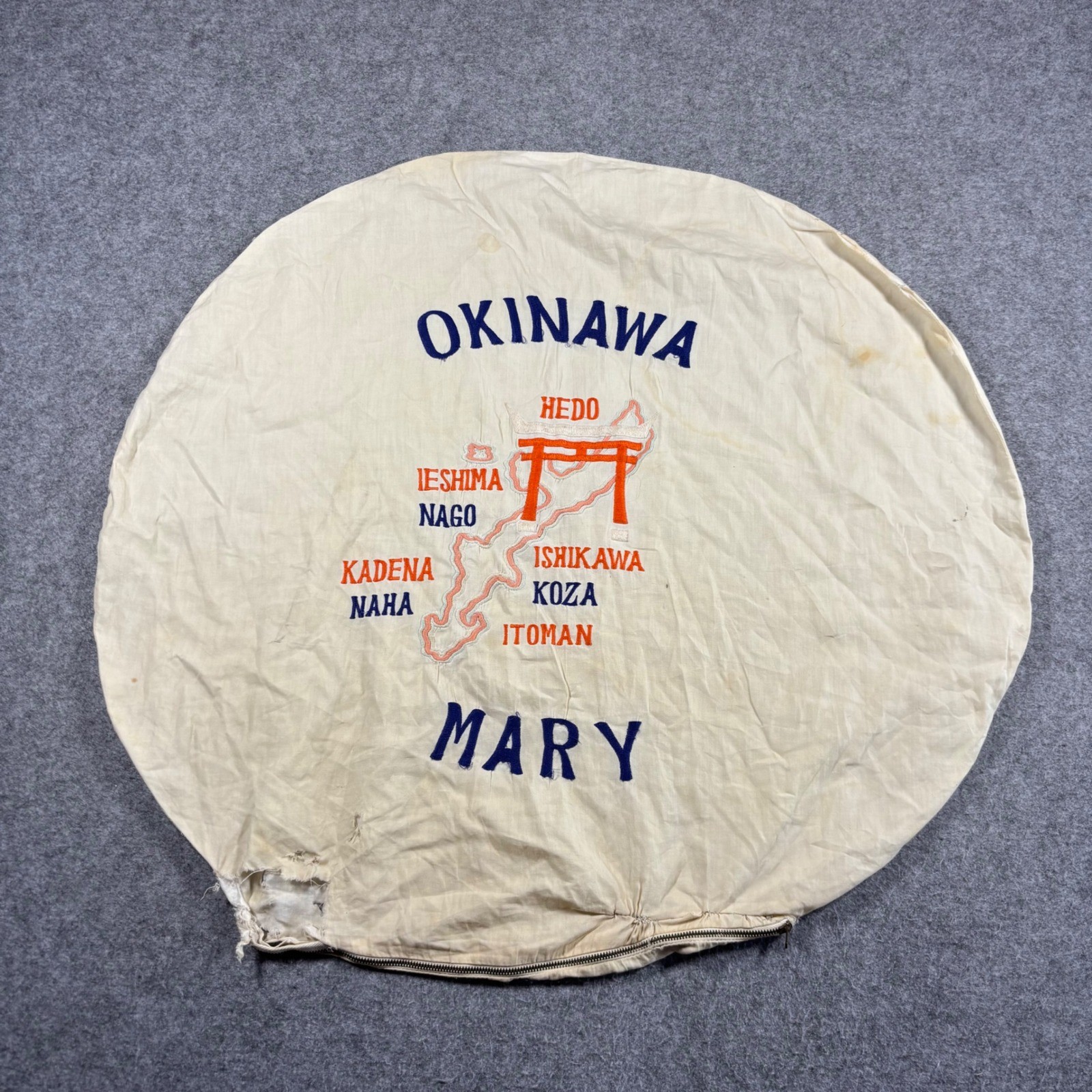Vintage Okinawa Japan Embroidered Souvenir Pillow Cover Mary Map Torii Gate 26