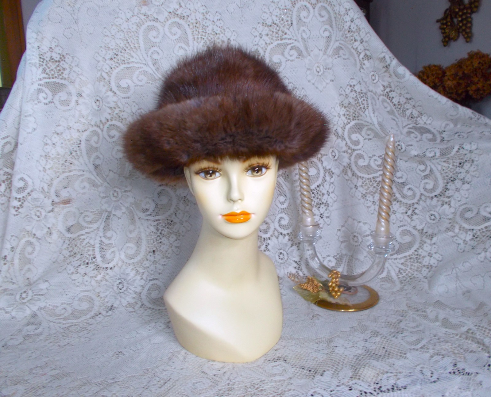 Vintage Brown Mink Fur Hat W/Brim Turkistukku Helsinki Finland 23\