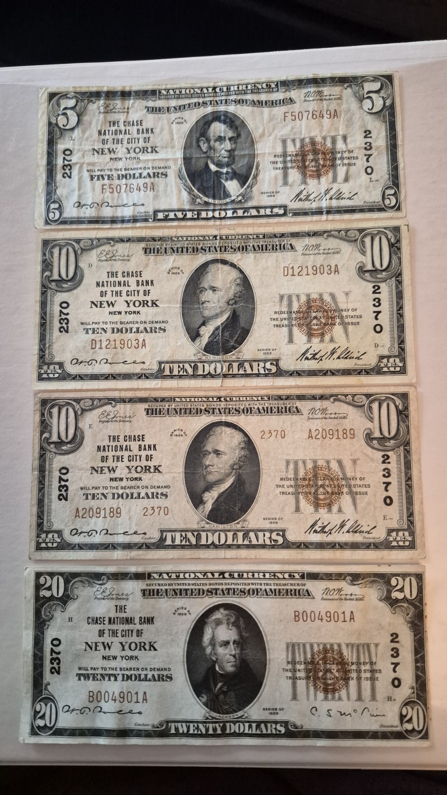 1929 $5, $10 (x2) and $20 National Currency. Chase Nat\'l Bank Of The City Of NY 1929 $5, $10 (x2) and $20 National Currency. Chase Nat\'l Bank Of The City Of NY
