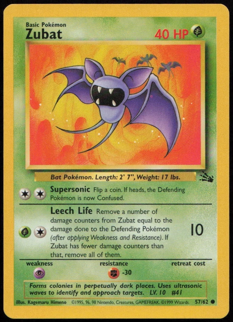 Zubat NM Pokemon 57/62 Fossil Vintage 1999 Common Grass Unlimited Regular