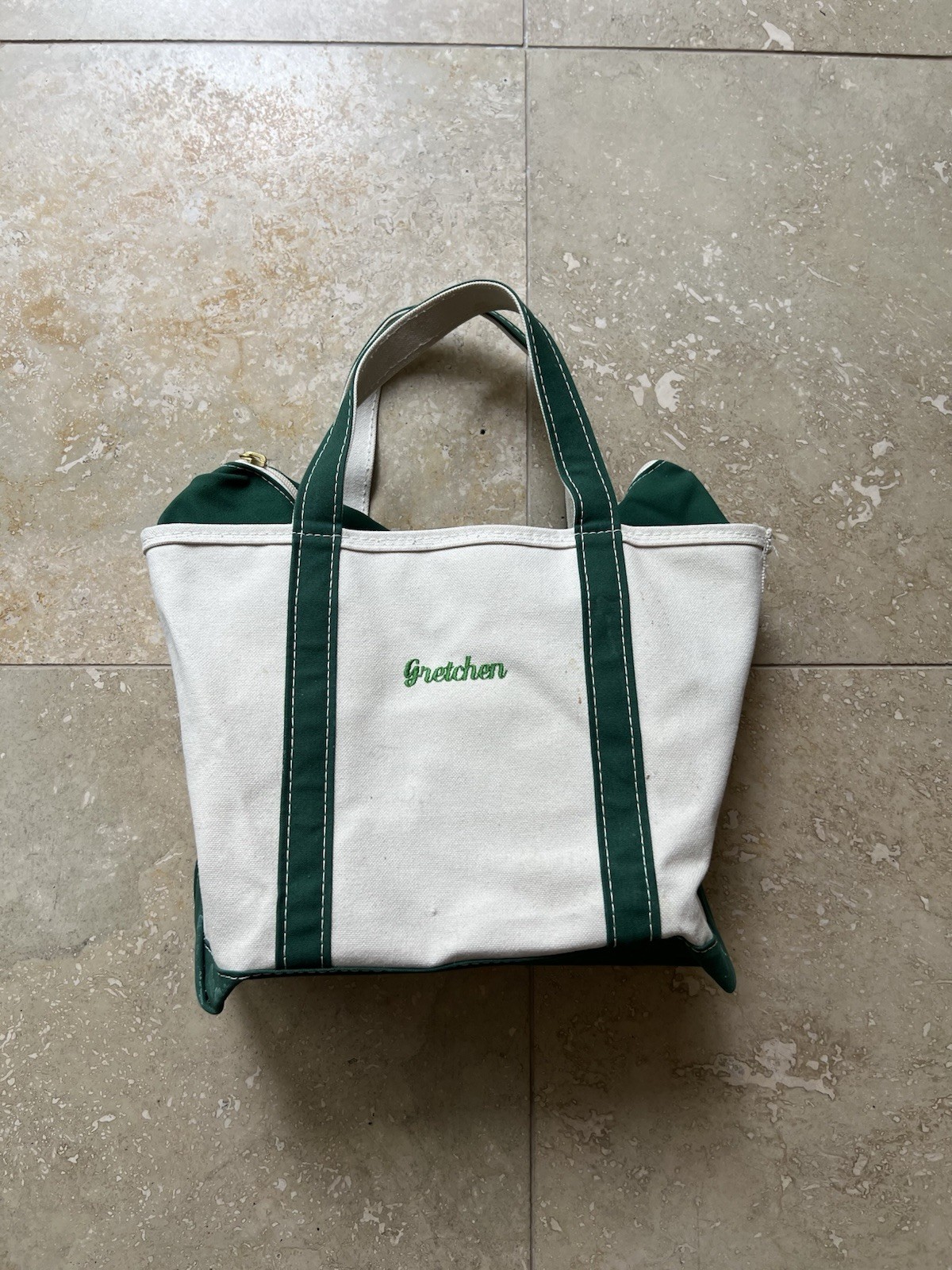 VTG LL Bean Canvas Beige / Green Zip Boat & Tote Bag 90s