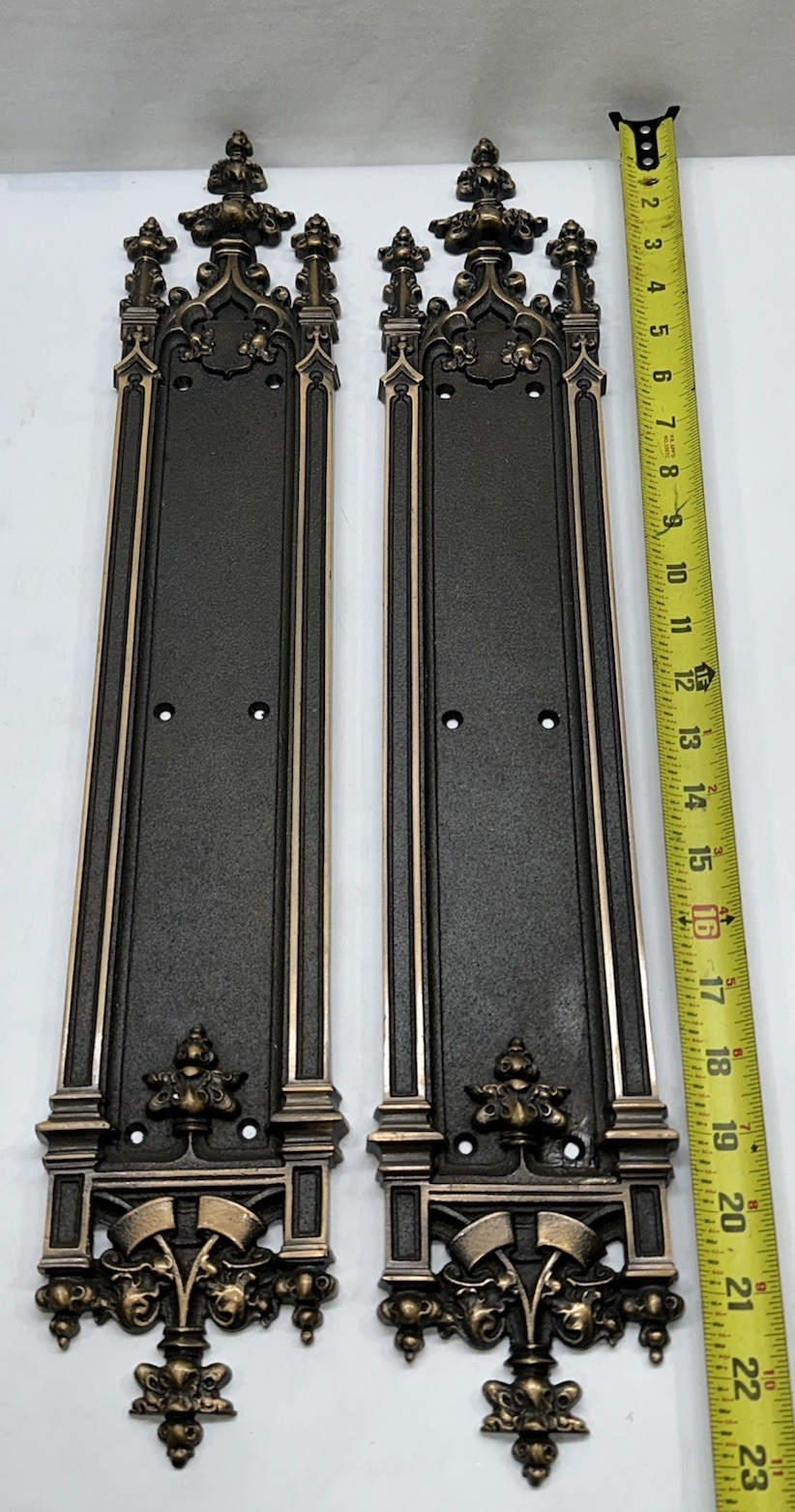 Rare Pr Antique 1905 Corbin Cast Bronze Gothic Door Push Plates Amiens Pattern