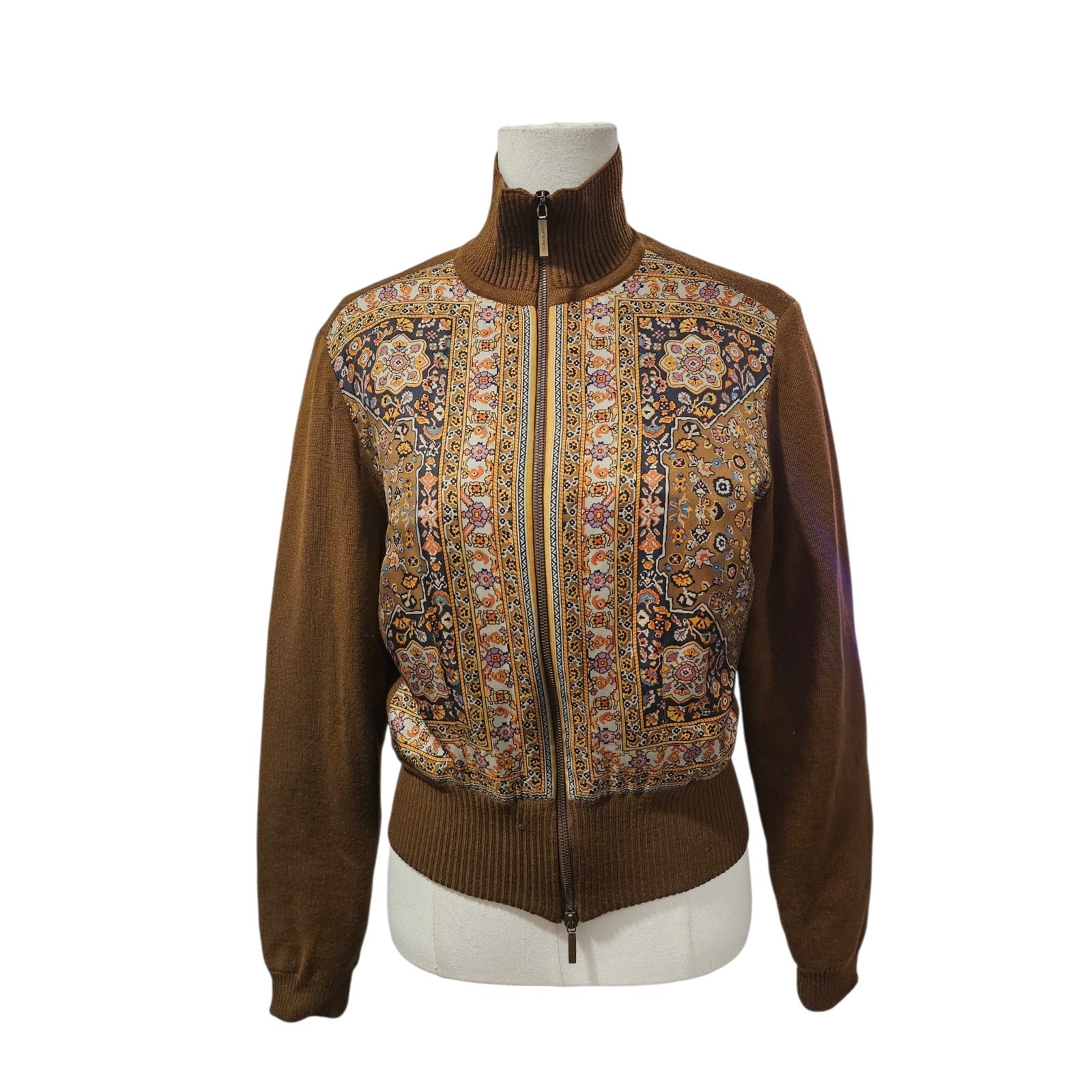 Etro Milano Vintage Paisley Silk Panel Knit Zip Up Cardigan Jacket Brown M Etro Milano Vintage Paisley Silk Panel Knit Zip Up Cardigan Jacket Brown M