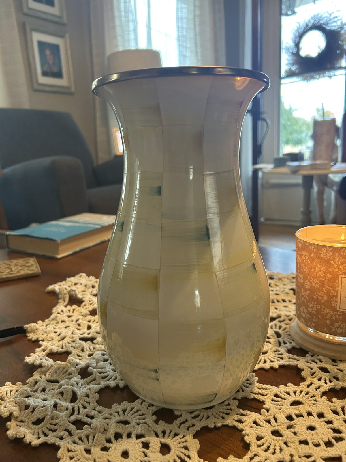 MacKenzie Childs Parchment Check Tall Enamel Vase 10