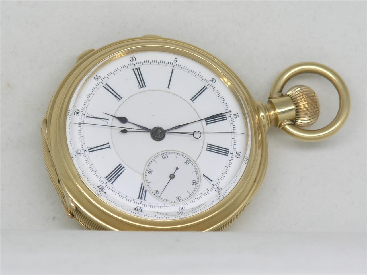 MASSIVE 154 GRAM 18K MEYLAN 54MM RATTRAPANTE CHRONOGRAPH POCKET WATCH, RUNNING MASSIVE 154 GRAM 18K MEYLAN 54MM RATTRAPANTE CHRONOGRAPH POCKET WATCH, RUNNING
