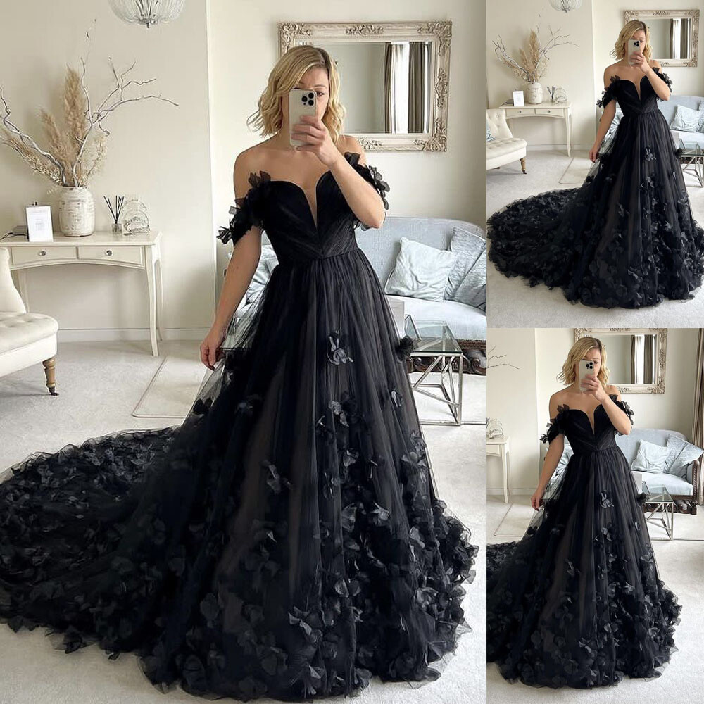 Gothic Black Wedding Dresses Off the Shoulder 3D Flower Sweep Train Bridal Gowns