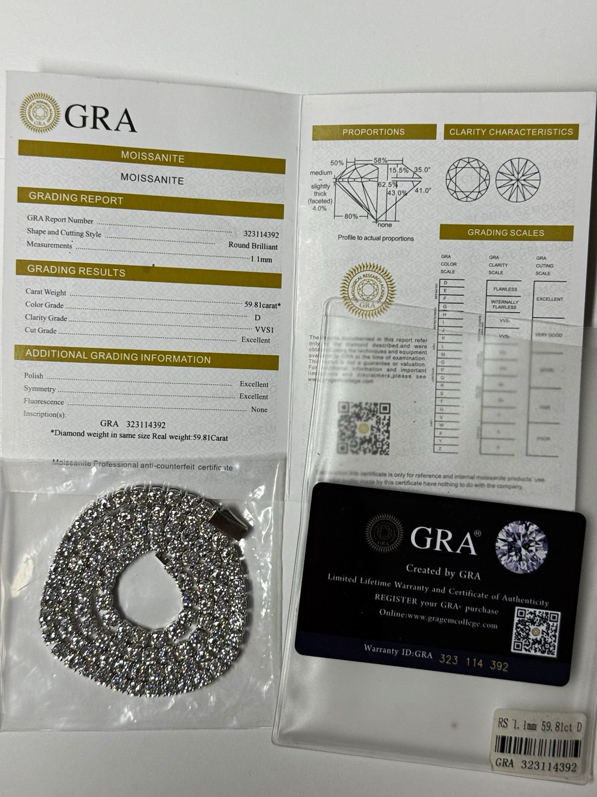 GRA Moissanite Tennis Chain 925 Silver, D VVS1 Excellent Cut, Report/Cert GRA Moissanite Tennis Chain 925 Silver, D VVS1 Excellent Cut, Report/Cert