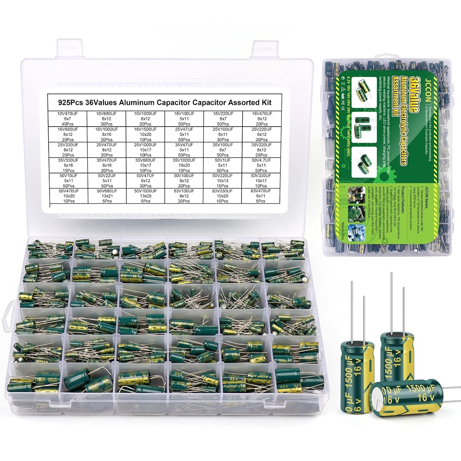 925Pcs Aluminum Electrolytic Capacitor Assortment Kit 36 Values 1uF-1000uF 925Pcs Aluminum Electrolytic Capacitor Assortment Kit 36 Values 1uF-1000uF