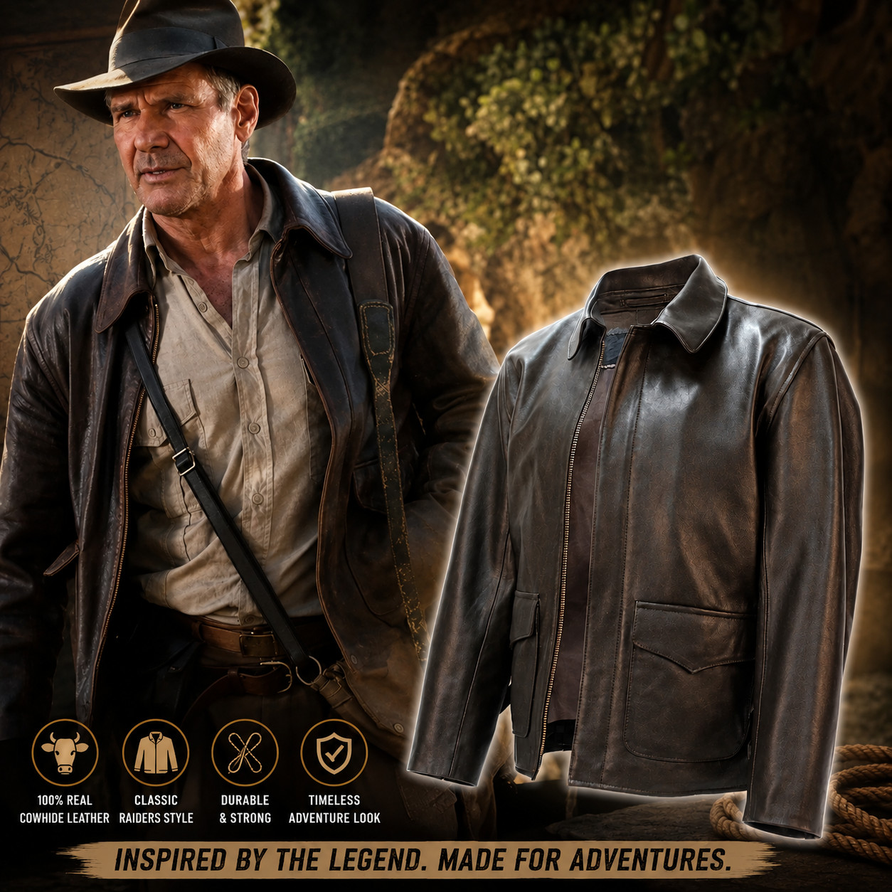Indiana Jones Raiders Harrison Ford Brown Cowhide Real Distressed Leather Jacket