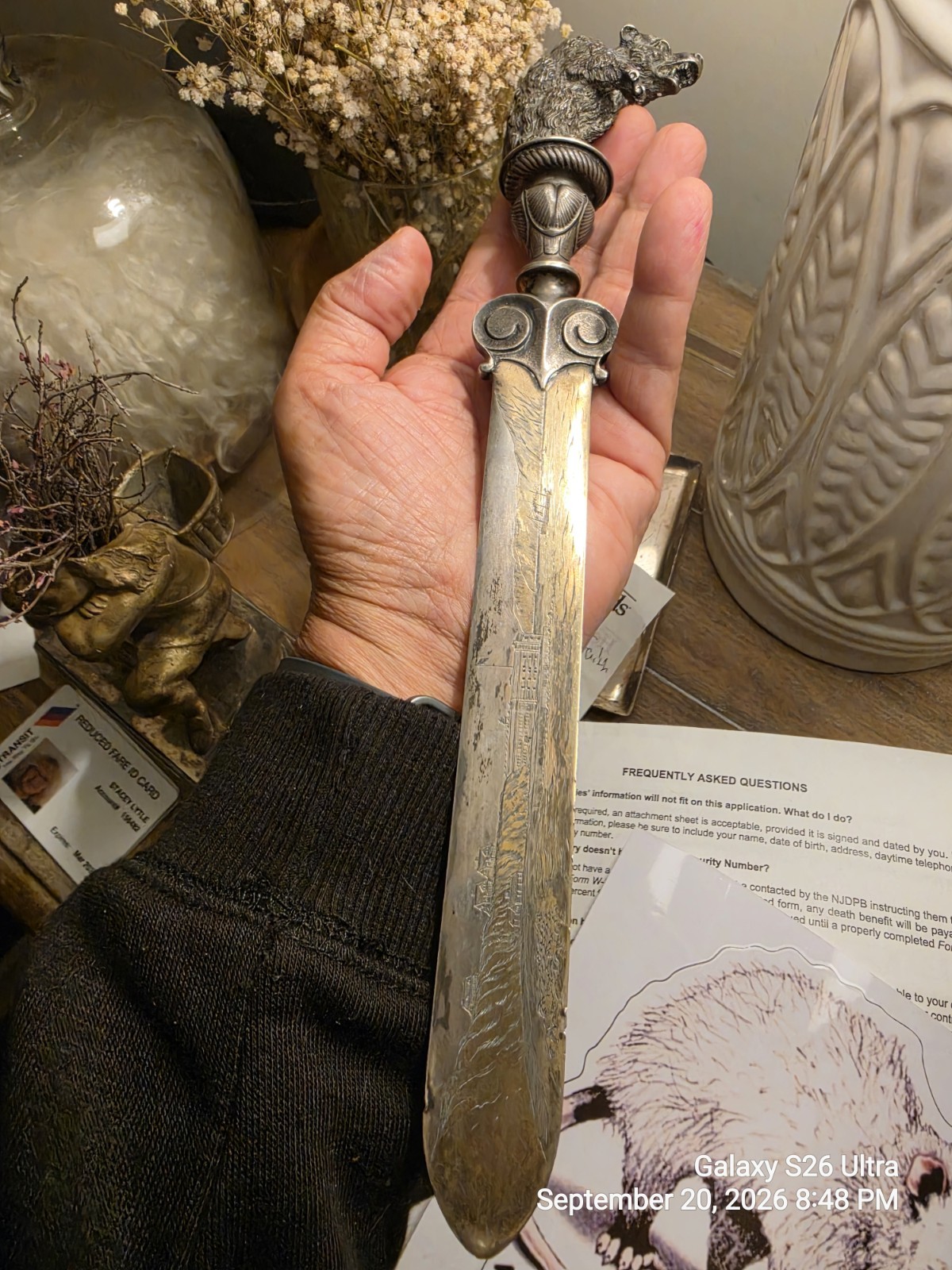 Magnificent Antique Solid Sterling Silver Letter Opener Gold Overlay West Point