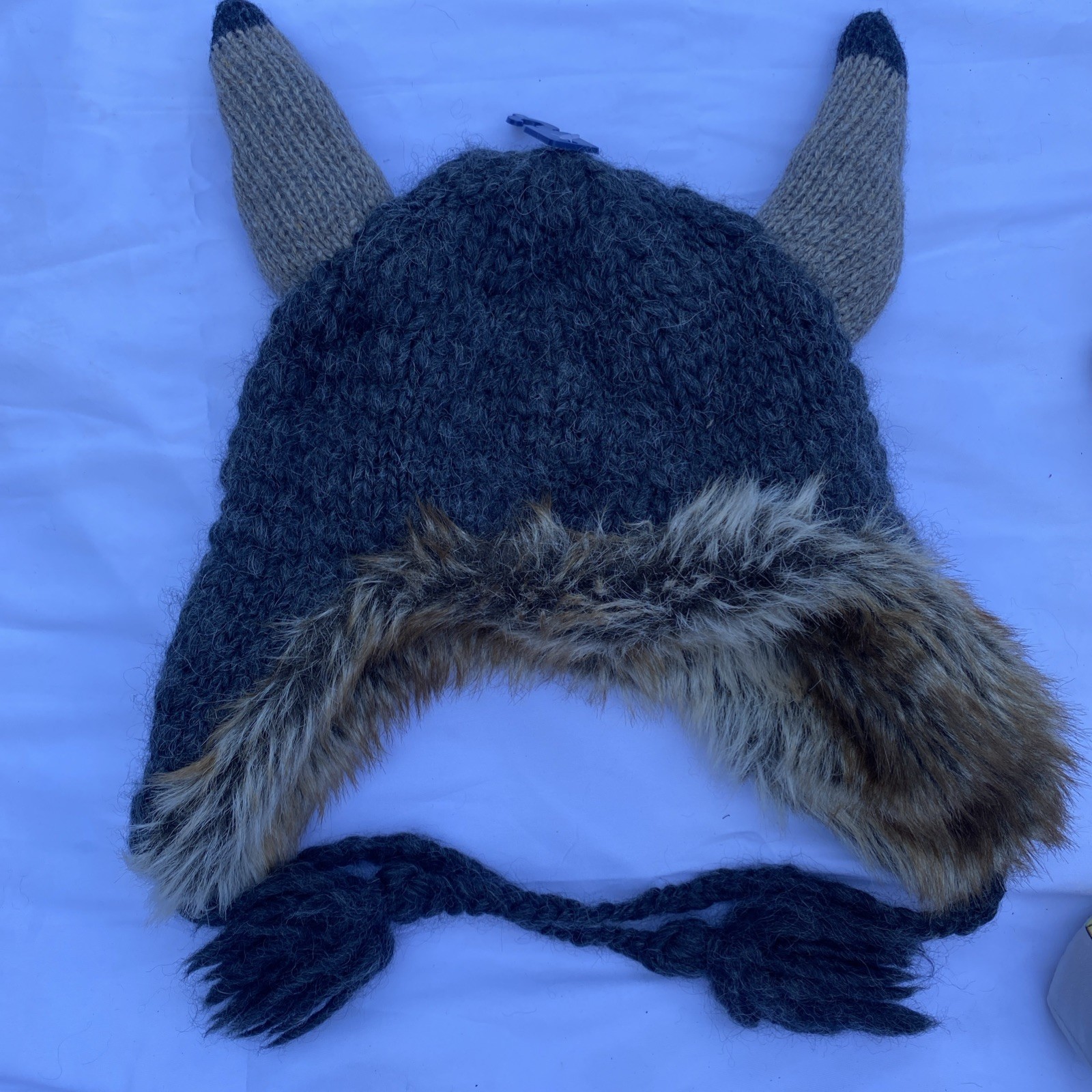 Rare Y2K American Eagle Trapper Hat with Viking Horns Knit Wool Faux Fur