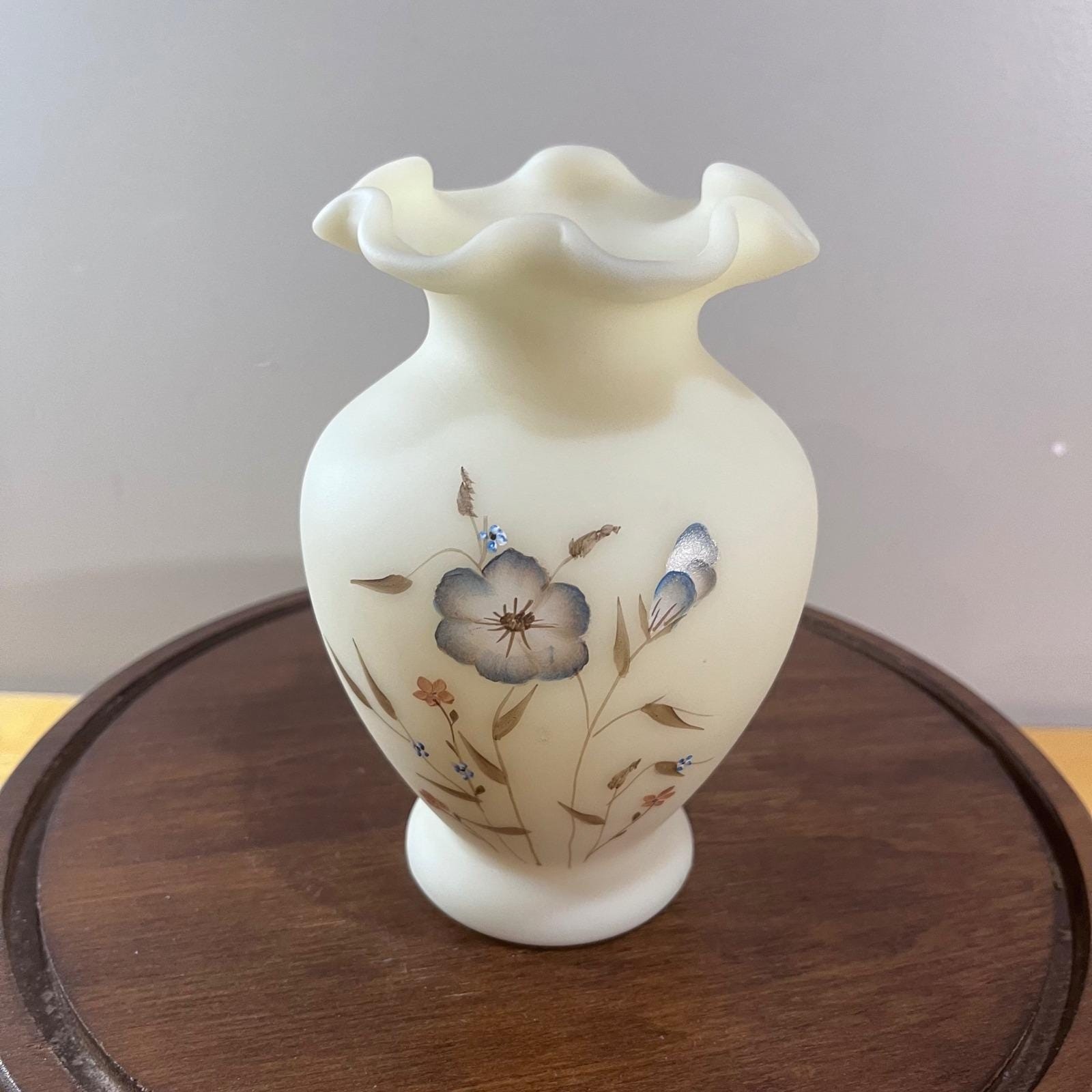 Vtg Fenton Custard Satin Glass Vase Hand Painted Floral D. Hill Ruffled Rim 7
