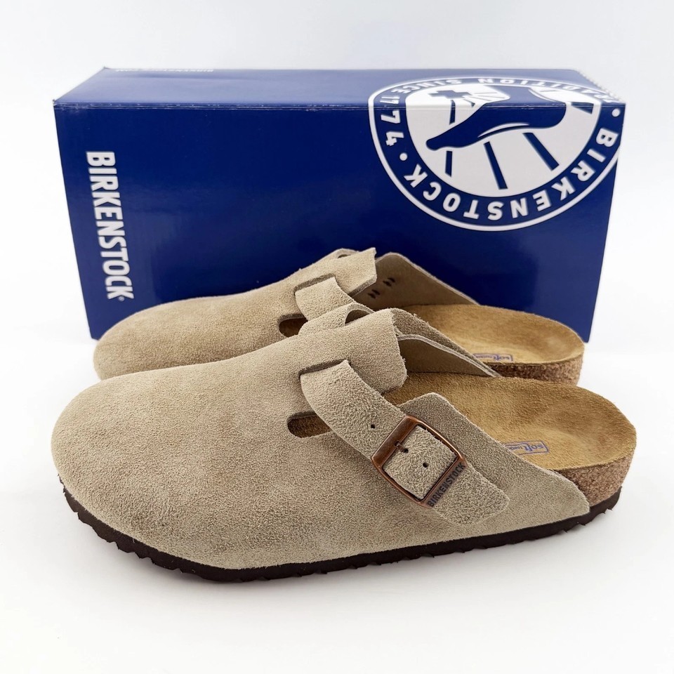 Birkenstock Boston Taupe Suede Leather Soft Footbed Unisex Clog Shoes