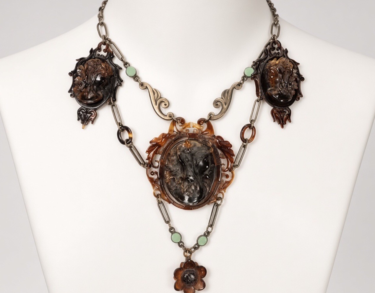Rare Antique 1890-1915 Victorian Celluloid Triptych Cameo Festoon Necklace 24gms